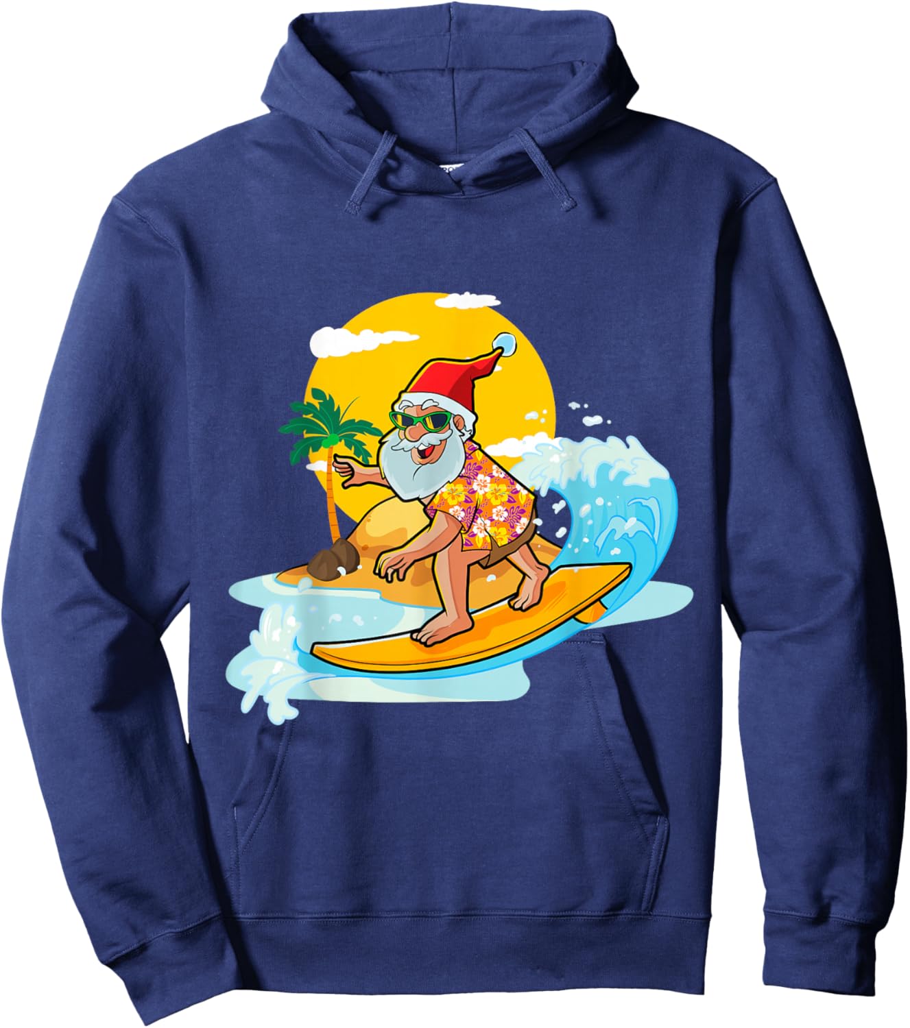 Christmas in July Funny Santa Surfing Summer Aloha Hawaiian Hoodie - Hoodie | Navy