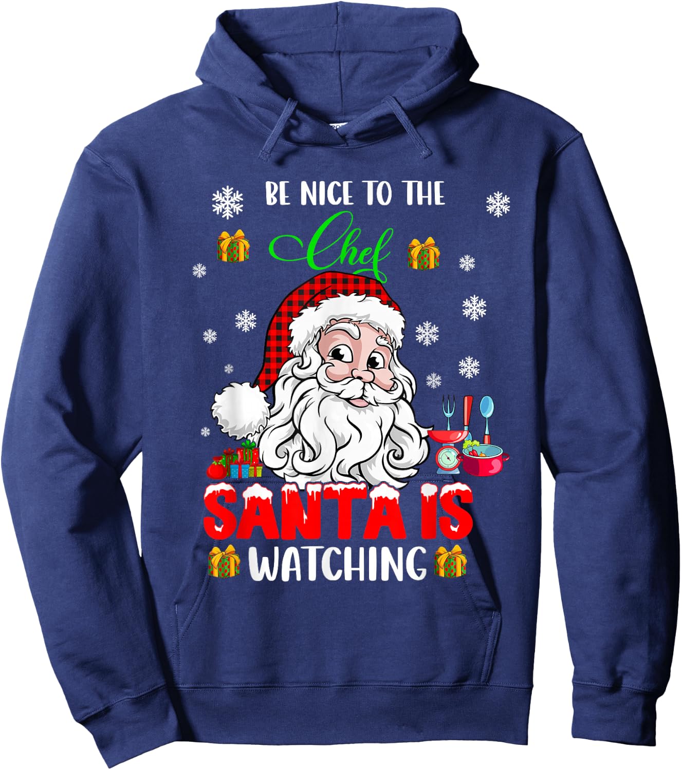 Be Nice to The Chef Santa is Watching Xmas Santa Face Chef Hoodie - Hoodie | Navy
