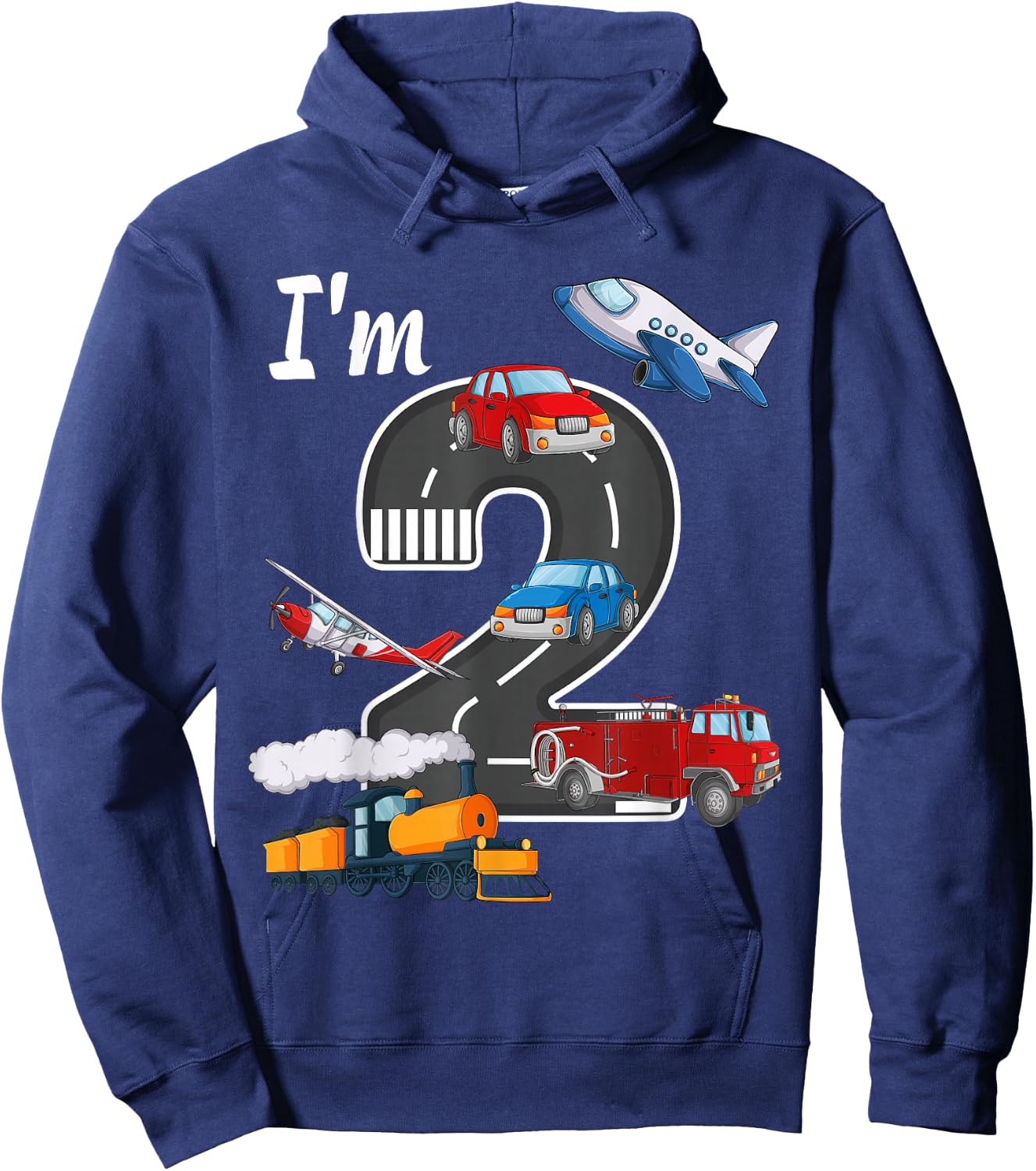 Trains Car Fire Truck Airplane 2nd Birthday Boy 2 Year Old Hoodie - Hoodie | Navy