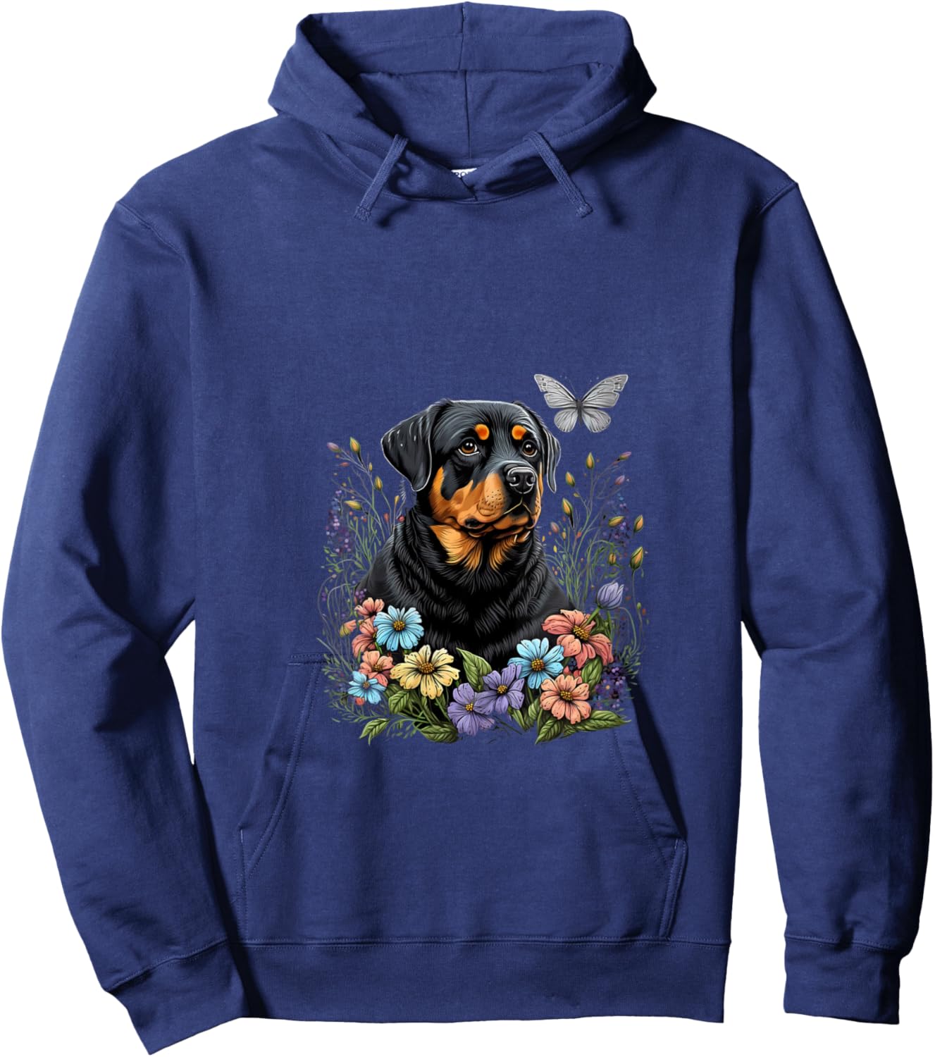 Women's Rottweiler and Butterfly in the Spring Garden Floral Black V-Neck Hoodie - Hoodie | Navy
