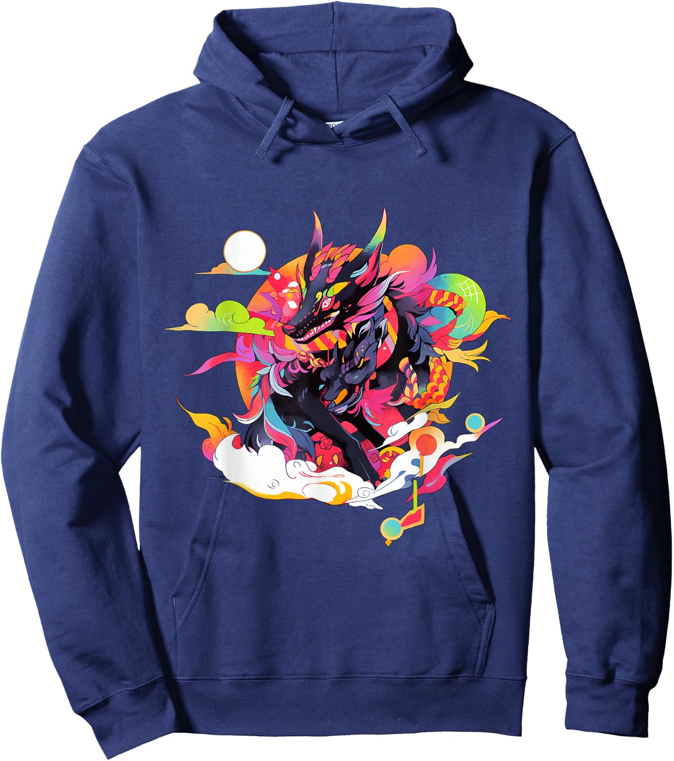 Japanese Inspired Retro Wolf Hoodie - Hoodie | Navy