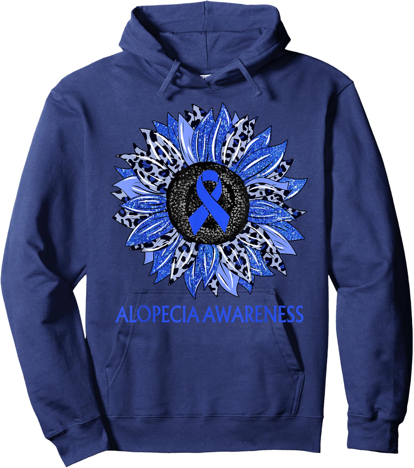 Leopard Sunflower Alopecia Awareness Blue Ribbon Support Hoodie - Hoodie | Navy