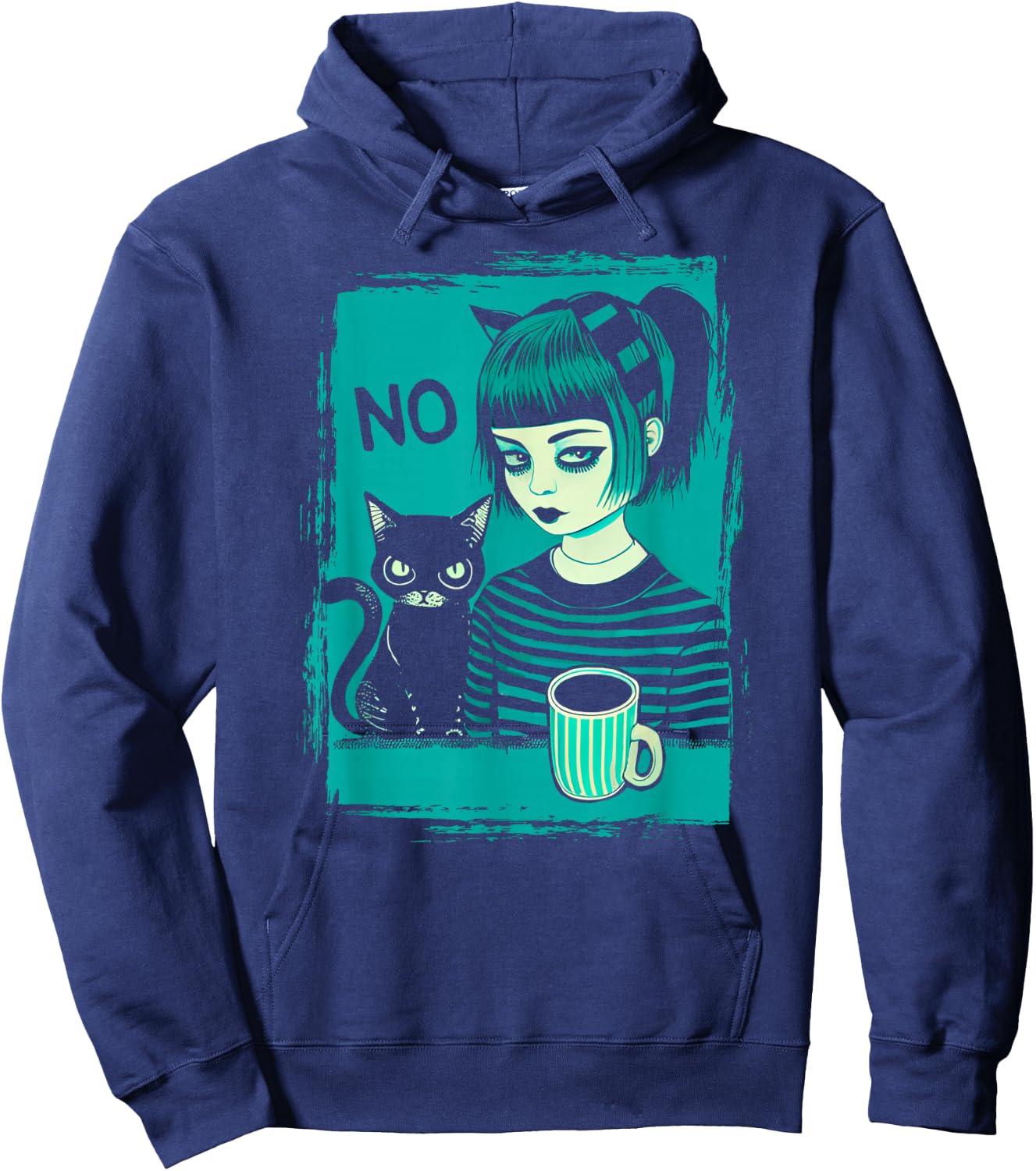 Dark At Heart Punk Goth Girl Says No With Cat And Coffee Hoodie - Hoodie | Navy