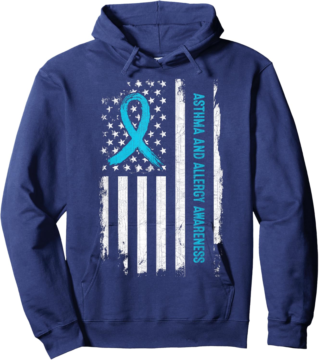 Asthma and Allergy Awareness American Flag Light Blue Ribbon Men Hoodie - Hoodie | Navy
