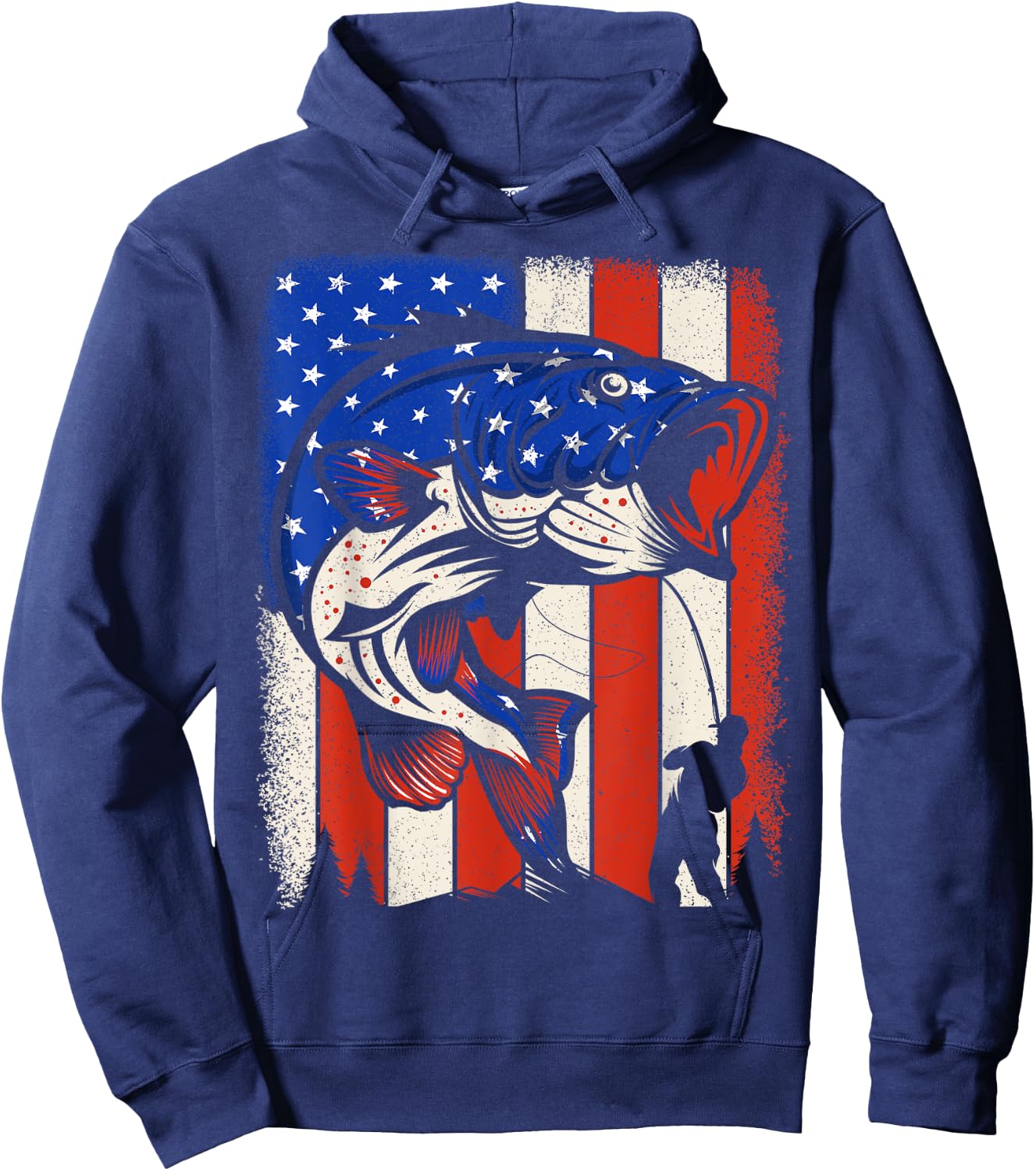 Men Bass Fishing American Flag Patriotic 4th of July Fishing Hoodie - Hoodie | Navy