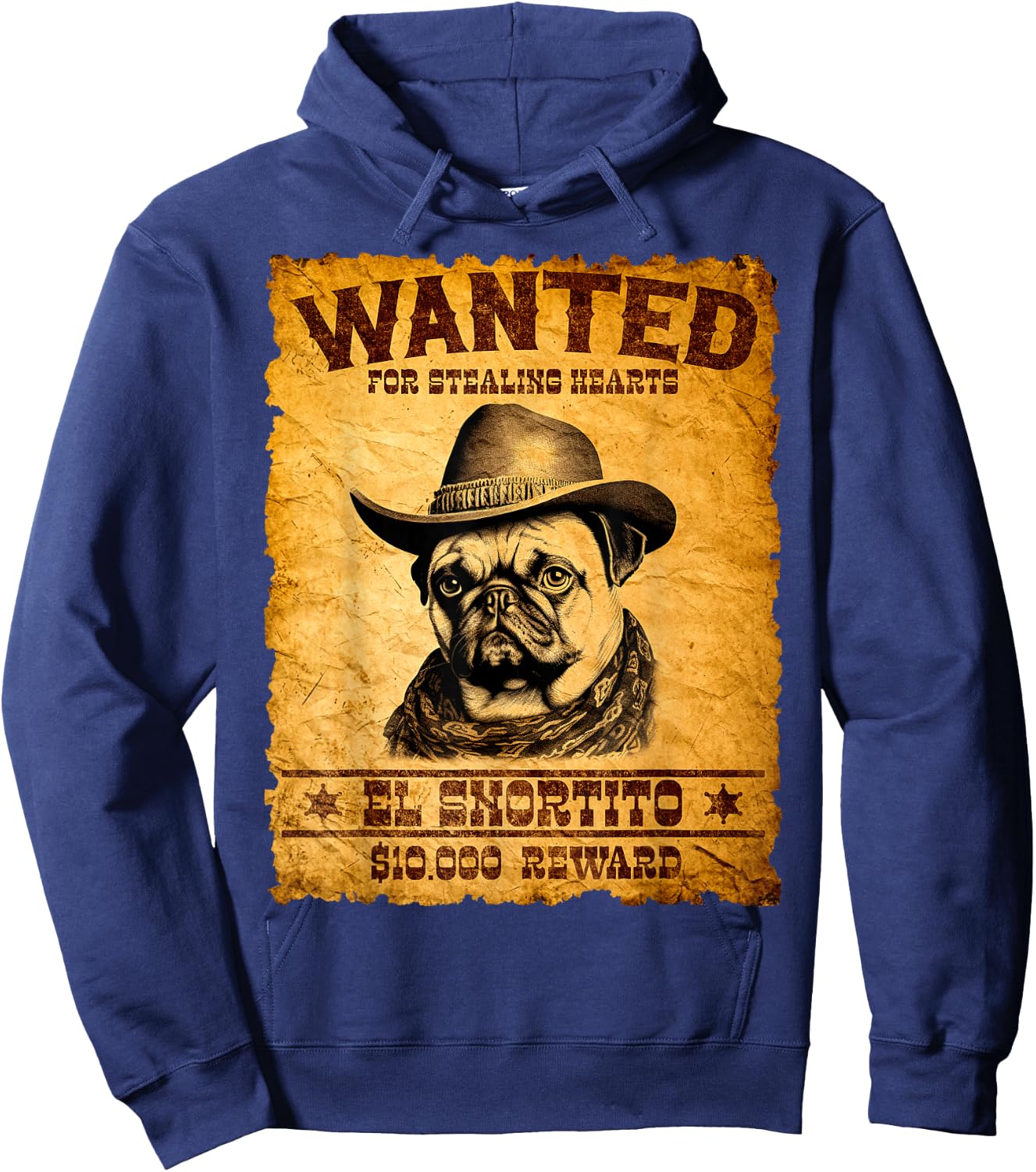 Funny Vintage Pug Wanted Poster Cute Western Cowboy Pug Dog Hoodie - Hoodie | Navy