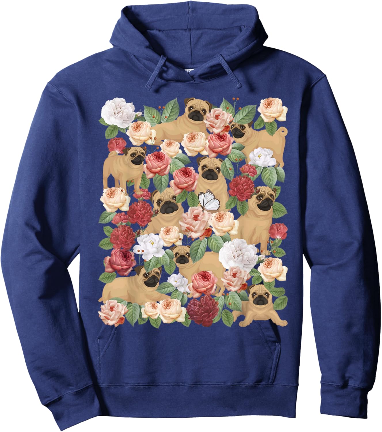 Botanical Black Pug Garden - Floral Dog Owner Pet Lover Hoodie - Hoodie | Navy