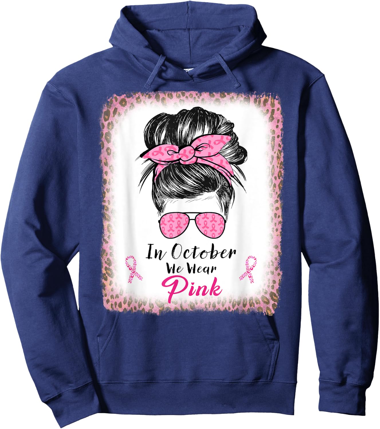In October We Wear Pink Messy Bun Breast Cancer Awareness Hoodie - Hoodie | Navy