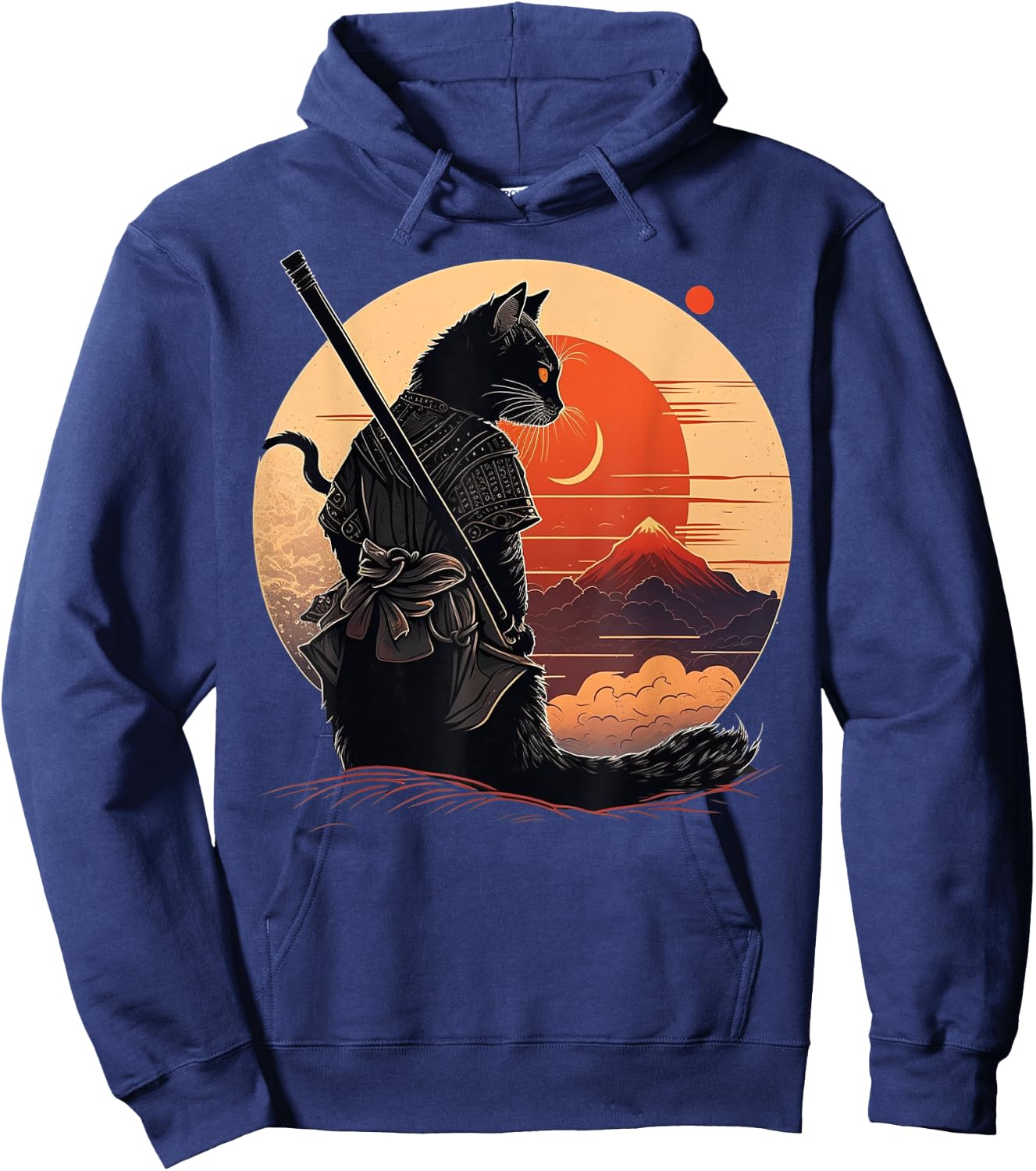 Vintage Japanese Sunset Style and samurai cat Kitten Lover Men Women Kids Hoodie - Hoodie | Navy
