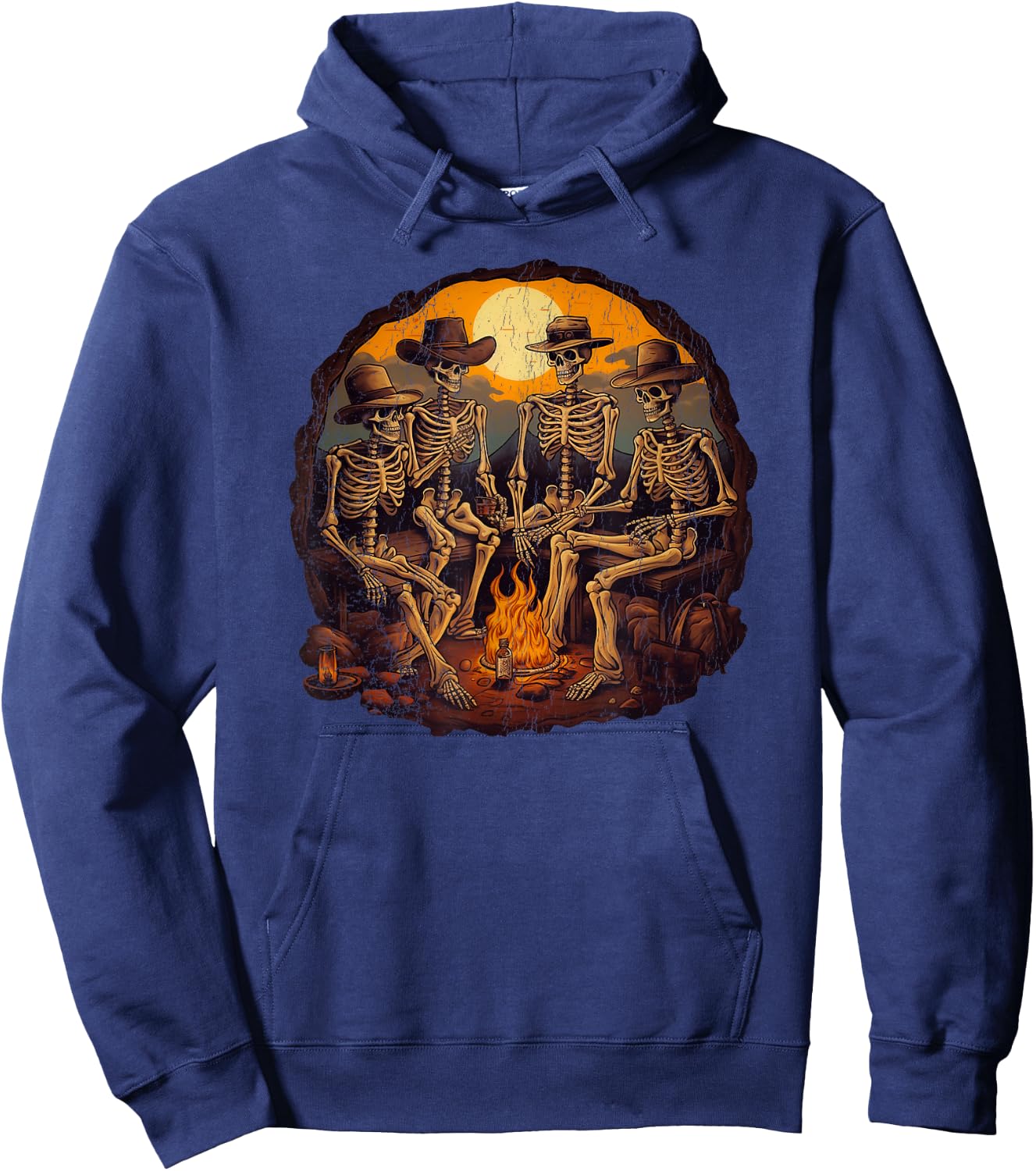 Cowboy skeletons sitting on the fire retro distress Hoodie - Hoodie | Navy