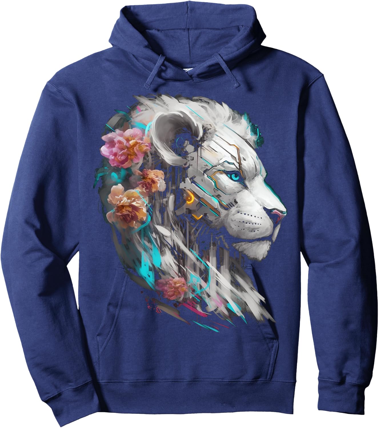 White Lion Fantasy Flowers Art - Blue Eyes Animal Lion Hoodie - Hoodie | Navy