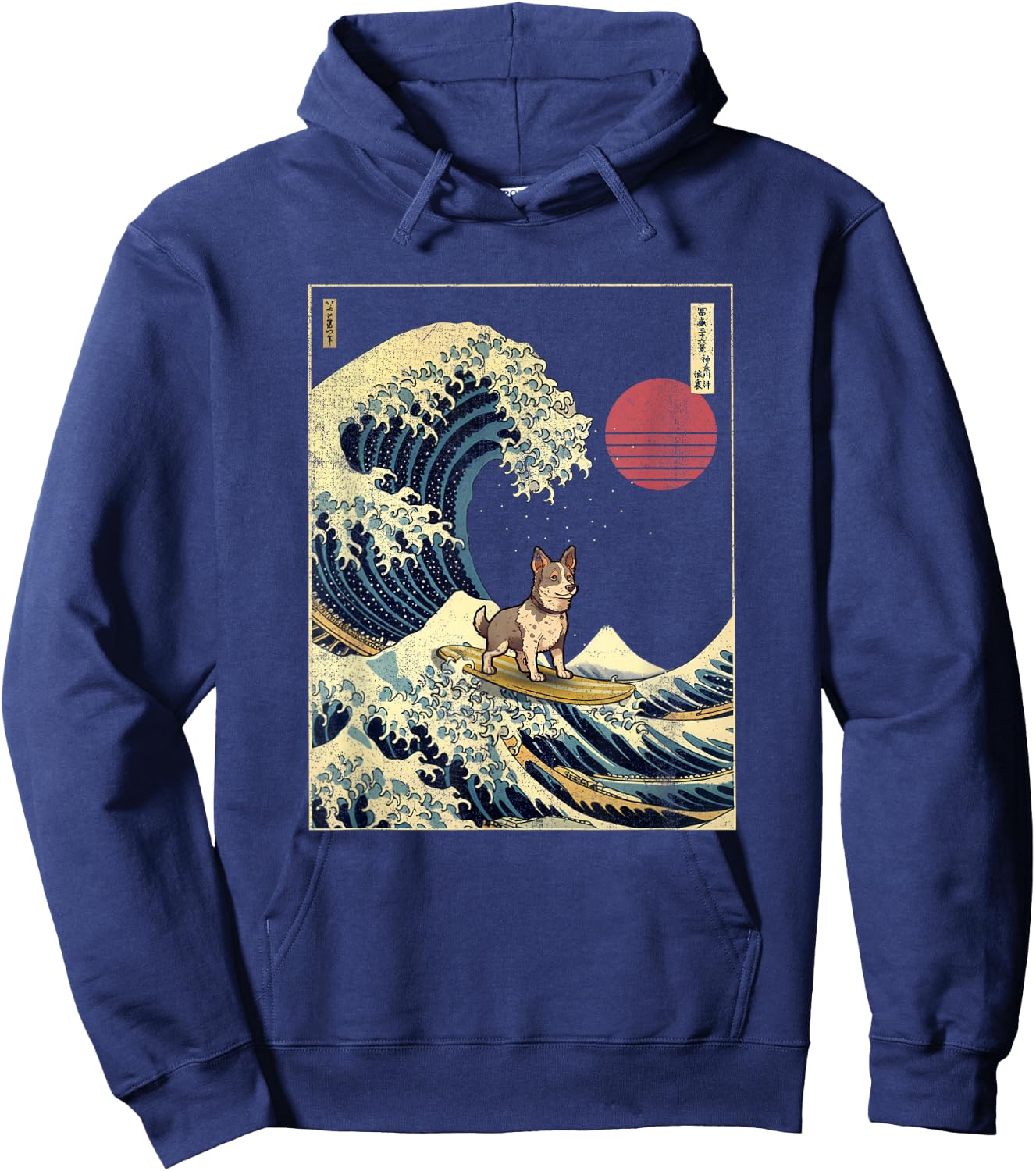 Texas Heeler Japanese Kanagawa Wave Funny Surf Dog Men Women Girls Kids Hoodie - Hoodie | Navy