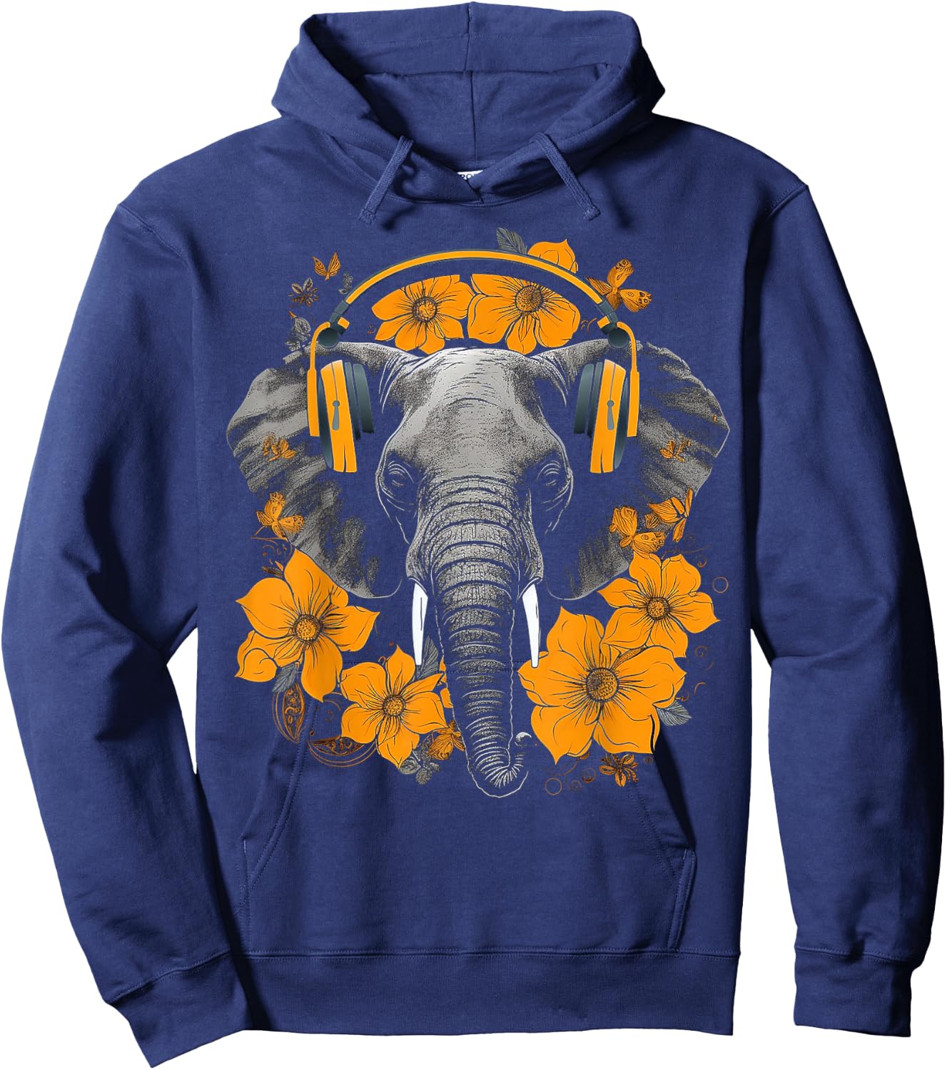 Elephant Headphones Artwork | Music Animal Flower Elephant Hoodie - Hoodie | Navy