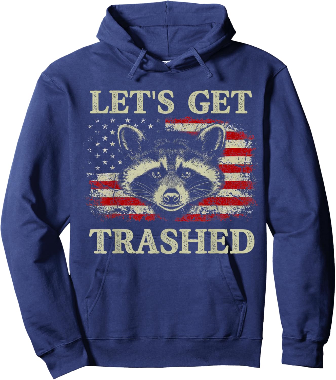 Funny Raccoon Let's Get Trashed Vintage American Flag Hoodie - Hoodie | Navy