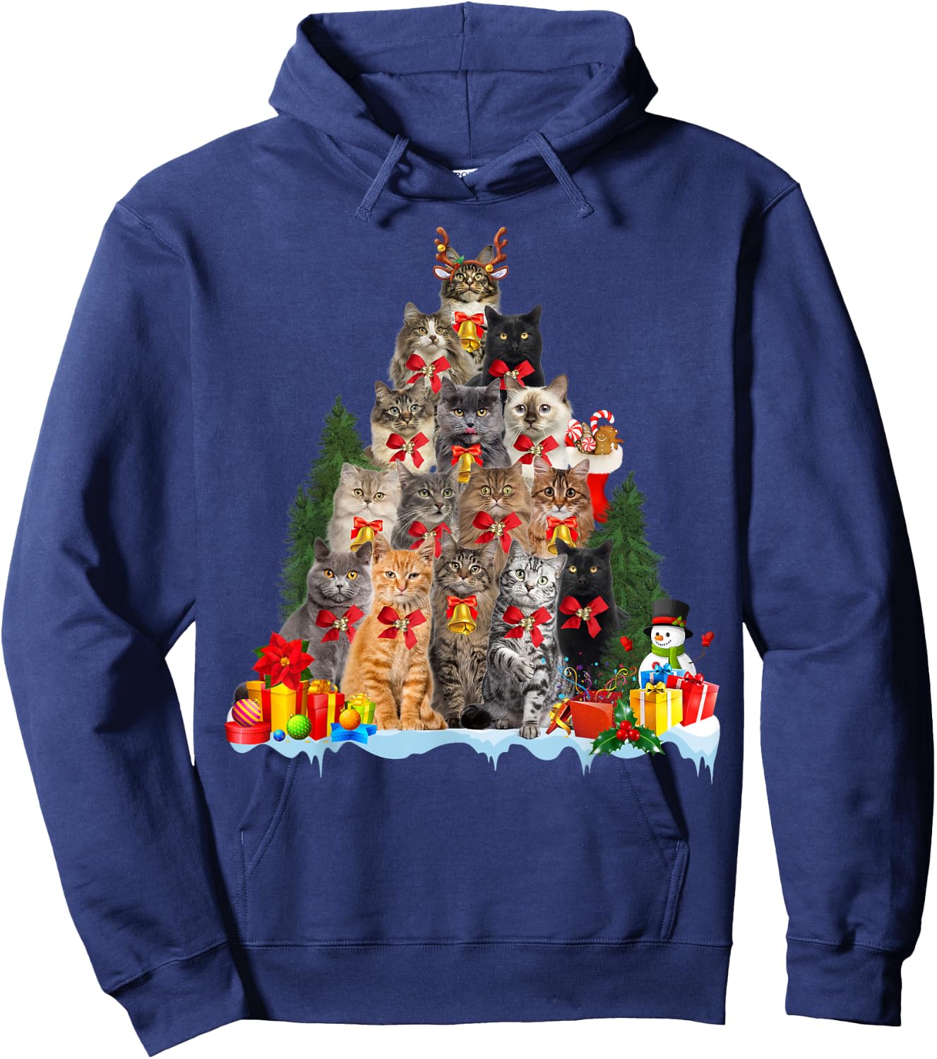 Christmas Pajama Cat Xmas Tree Ornament Cat Lover, Cat Mom Hoodie - Hoodie | Navy
