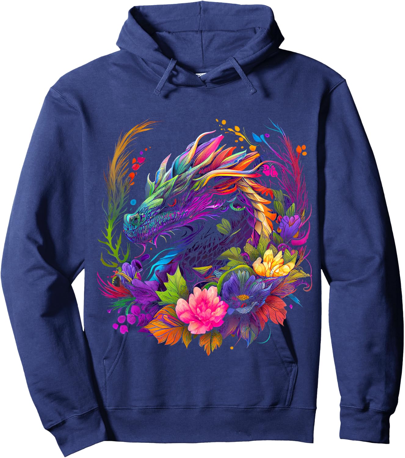 Watercolor Dragon Flowers Beautiful Art Colorful Graphic Hoodie - Hoodie | Navy