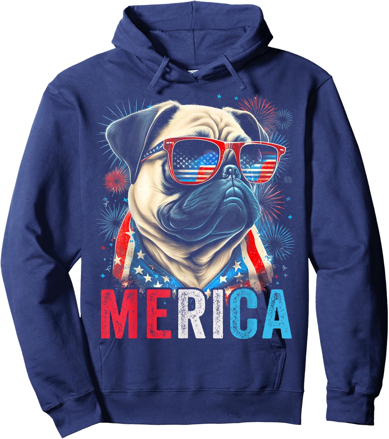 Pug Dog 4th of July American Flag America USA Merica Funny Kids Men Hoodie - Hoodie | Navy