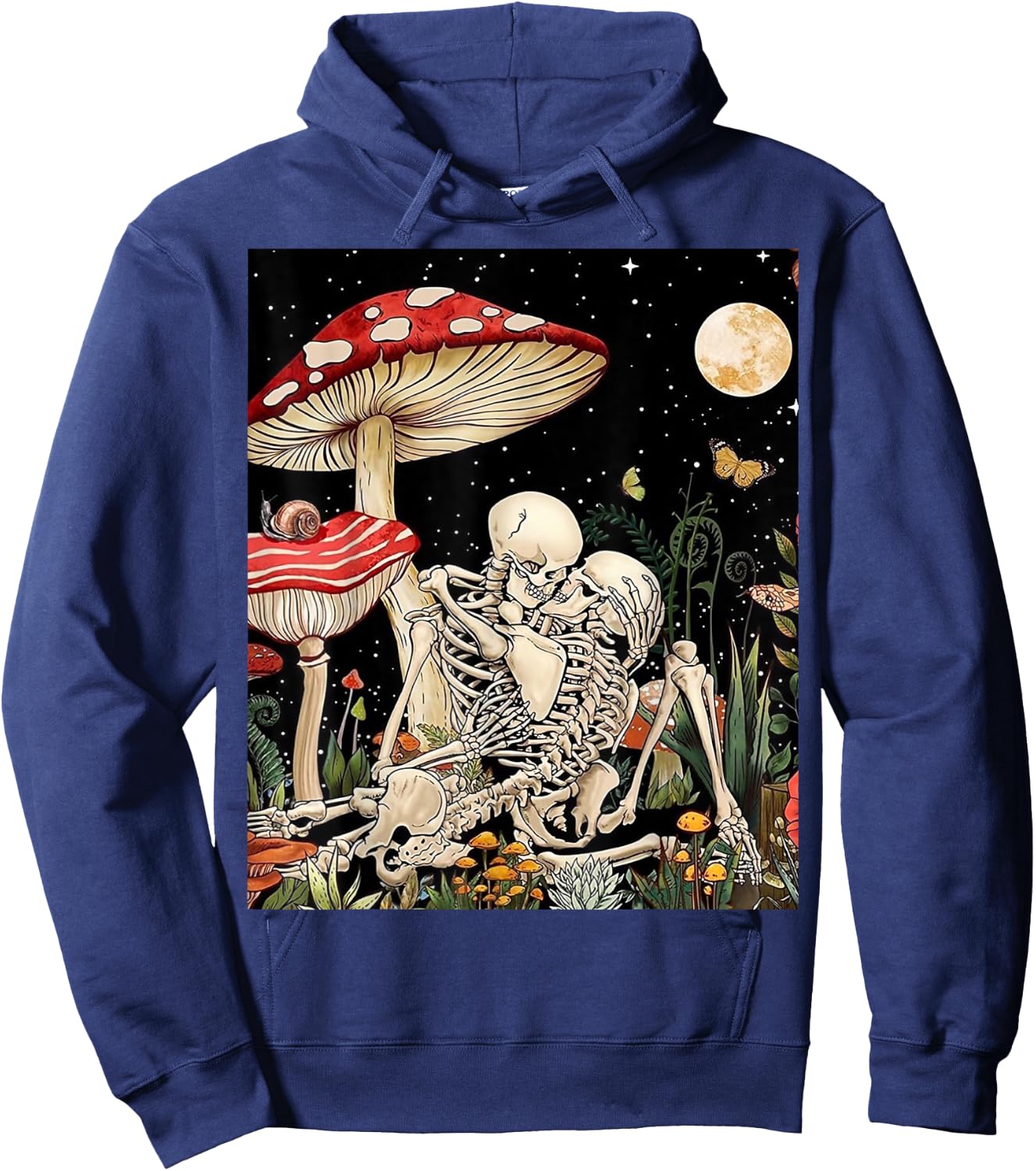 Boho Mushroom Retro Skeleton Couple Vintage Kiss Witchy Moth Hoodie - Hoodie | Navy
