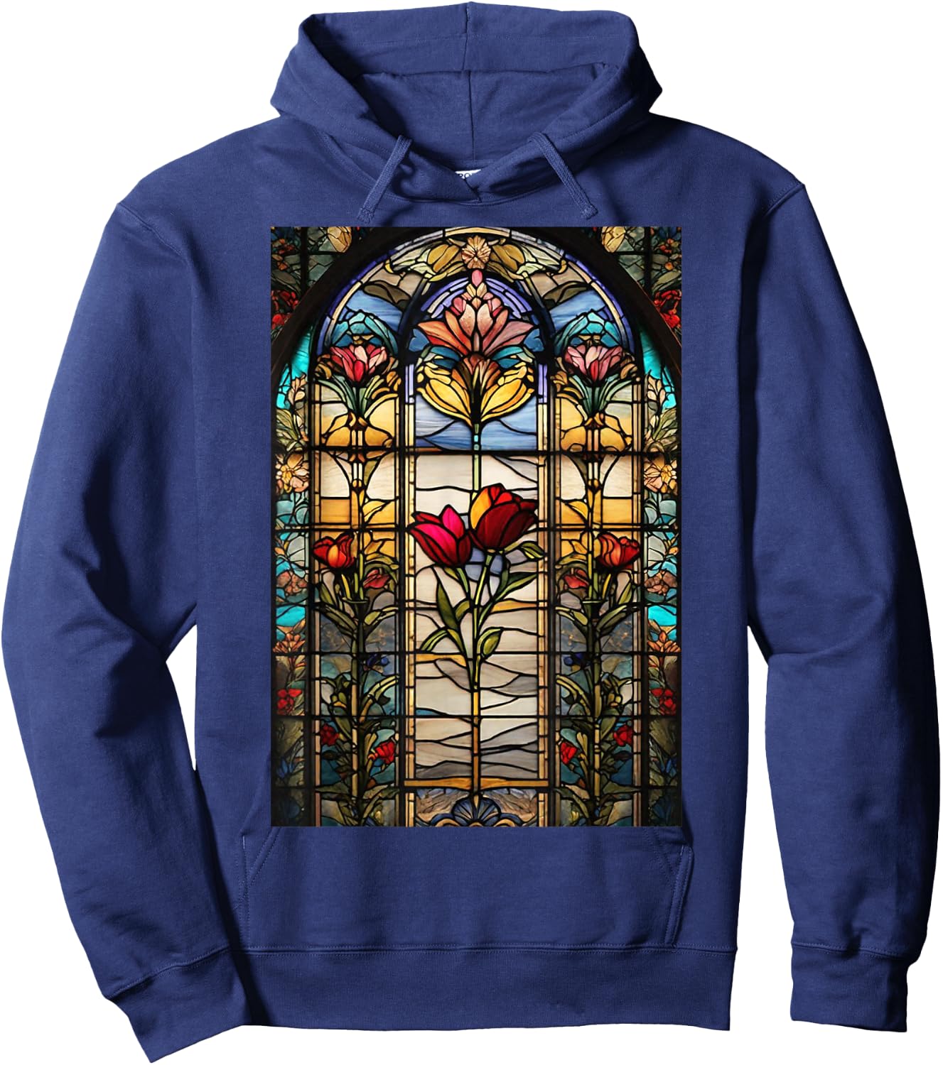 Stained-Glass Style Floral Art Flowers Surreal Print Hoodie - Hoodie | Navy
