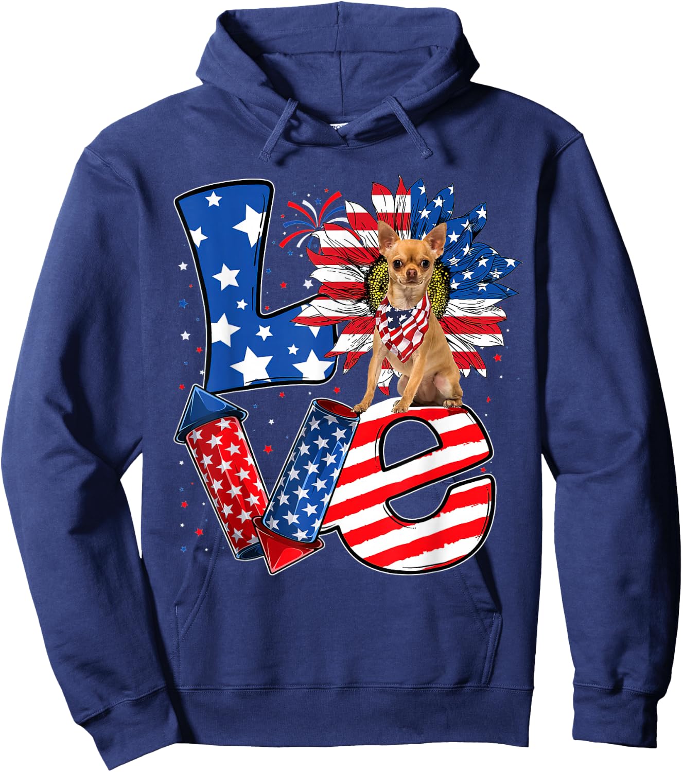 4th of July Decor Patriotic LOVE Chihuahua Dog USA Flag Hoodie - Hoodie | Navy