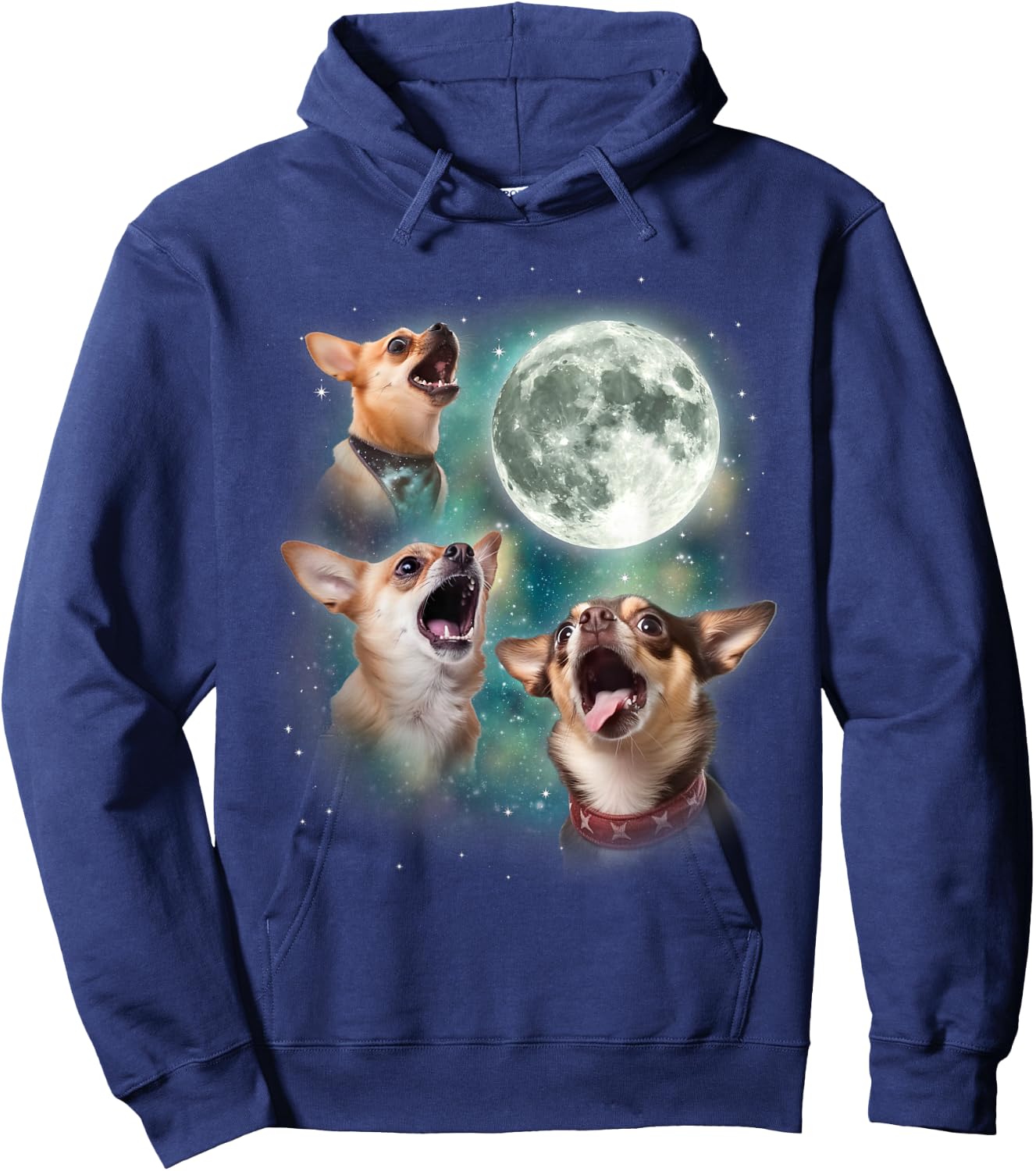 Three Chihuahuas Howl at Moon | 3 Dogs Funny Wolves Parody Hoodie - Hoodie | Navy