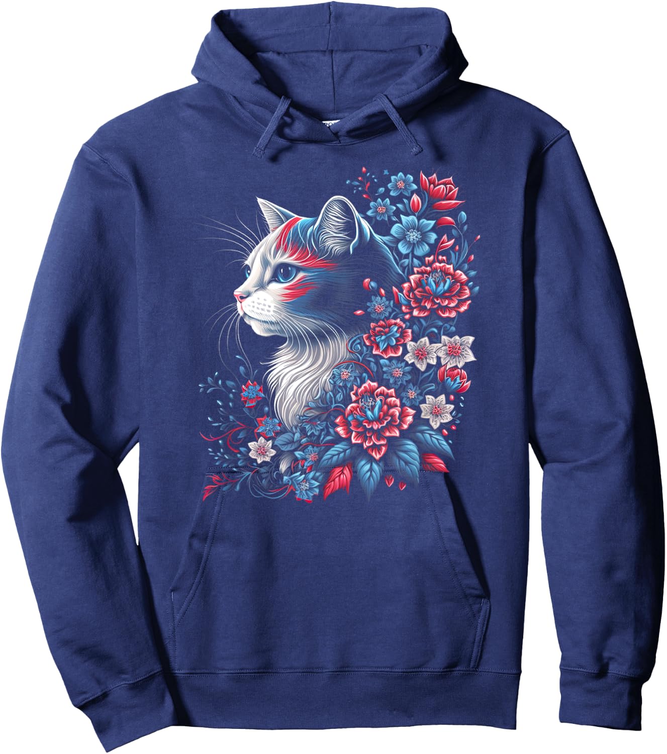 Floral Cat - Red White and Blue 4th of July Patriotic Women Kids Men Hoodie - Hoodie | Navy