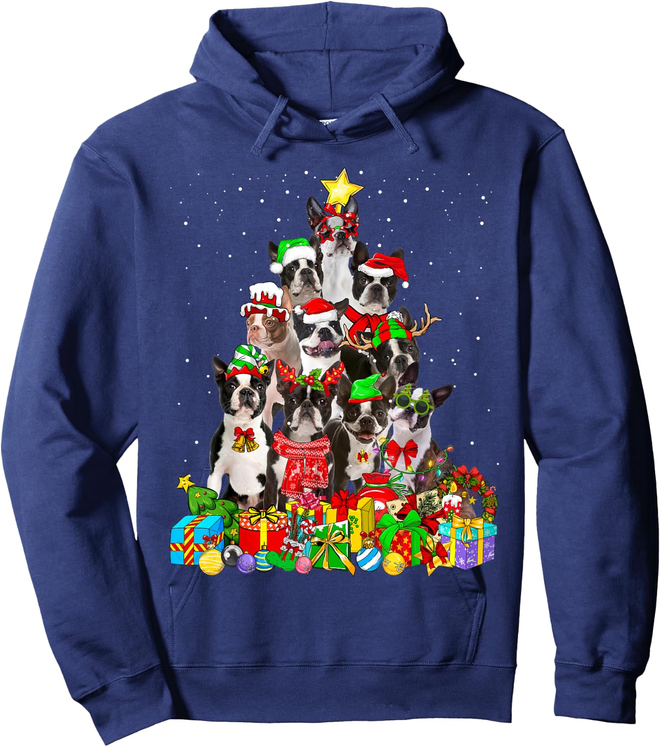 Funny Boston Terrier Dog Christmas Tree Lights Xmas Pajama Women Kids Hoodie - Hoodie | Navy