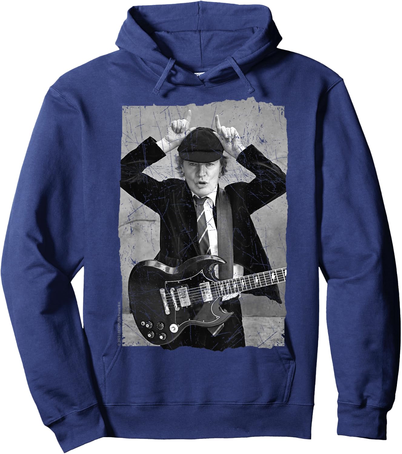 Official AC/DC Rock Music Band Angus Young Distressed Photo Hoodie - Hoodie | Navy