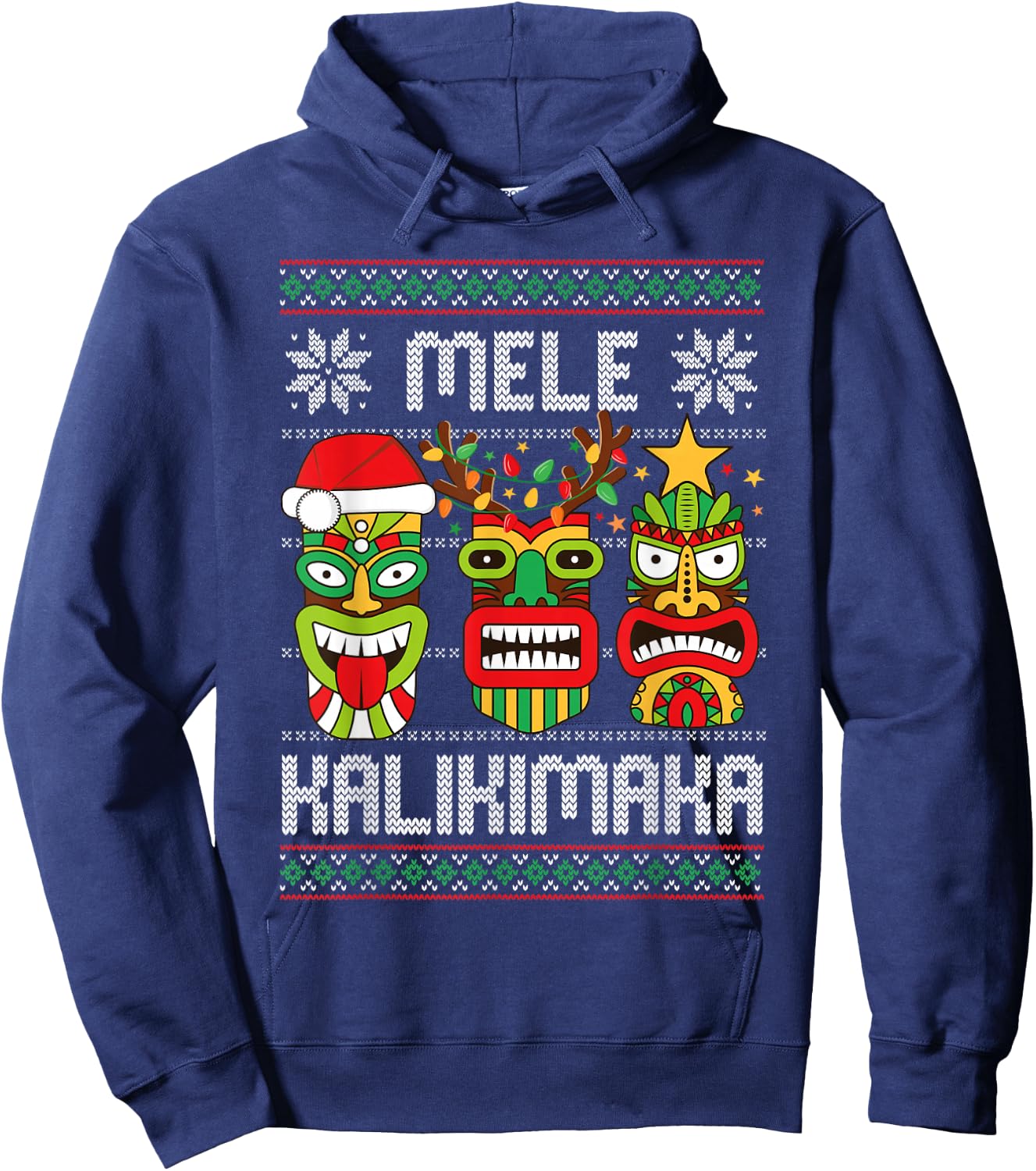 Mele Kalikimaka Christmas Hawaiian Santa Tiki Ugly Christmas Hoodie - Hoodie | Navy