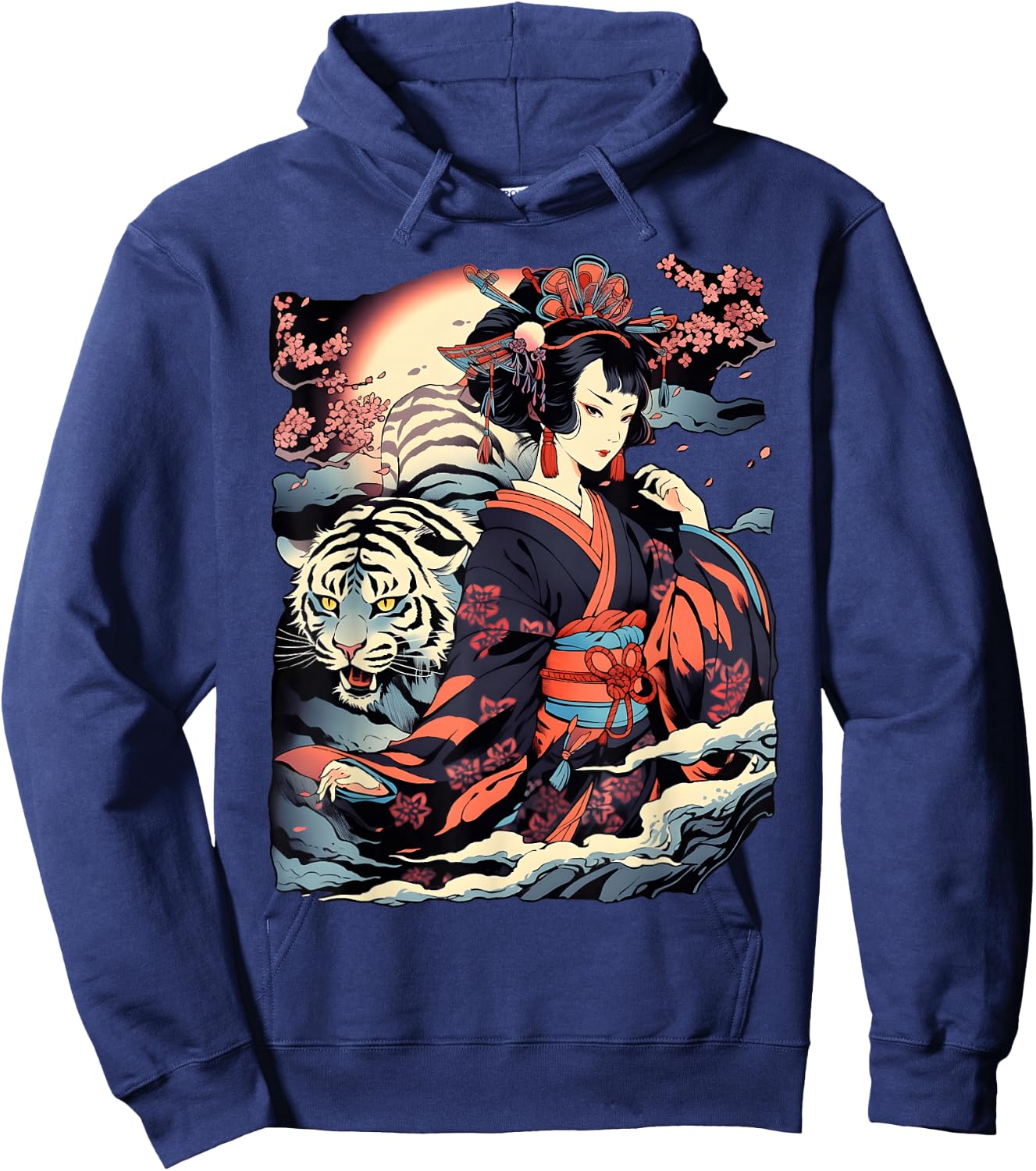 Make a Statement with This Bold Geisha and Tiger Tattoo Hoodie - Hoodie | Navy