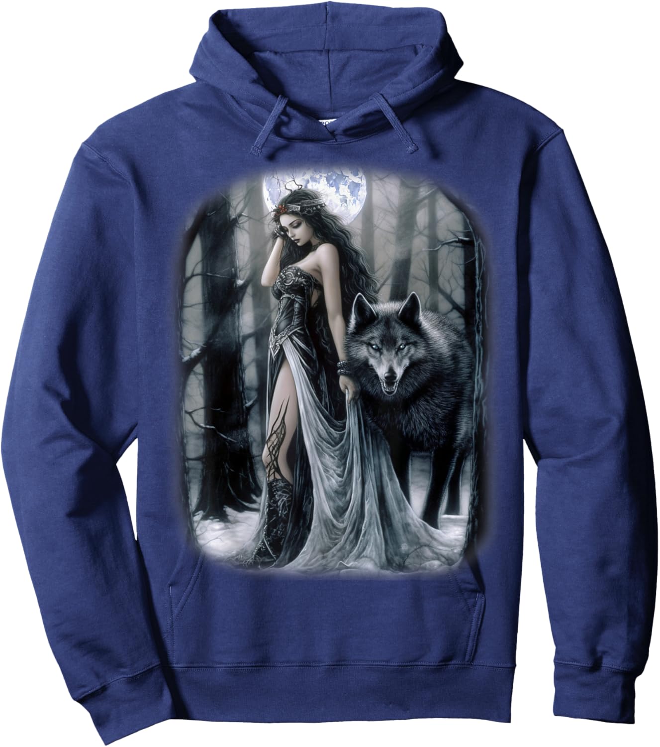 Woman and Gray Wolf in Forest Moon Fantasy Art Painting Hoodie - Hoodie | Navy