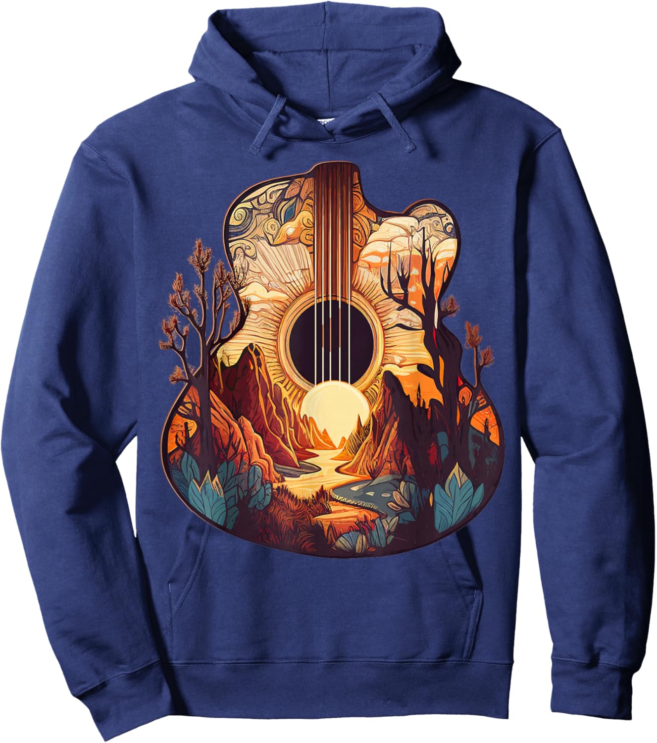 Guitar Landscape Music Lover- Acoustic Guitar Player Graphic Hoodie - Hoodie | Navy