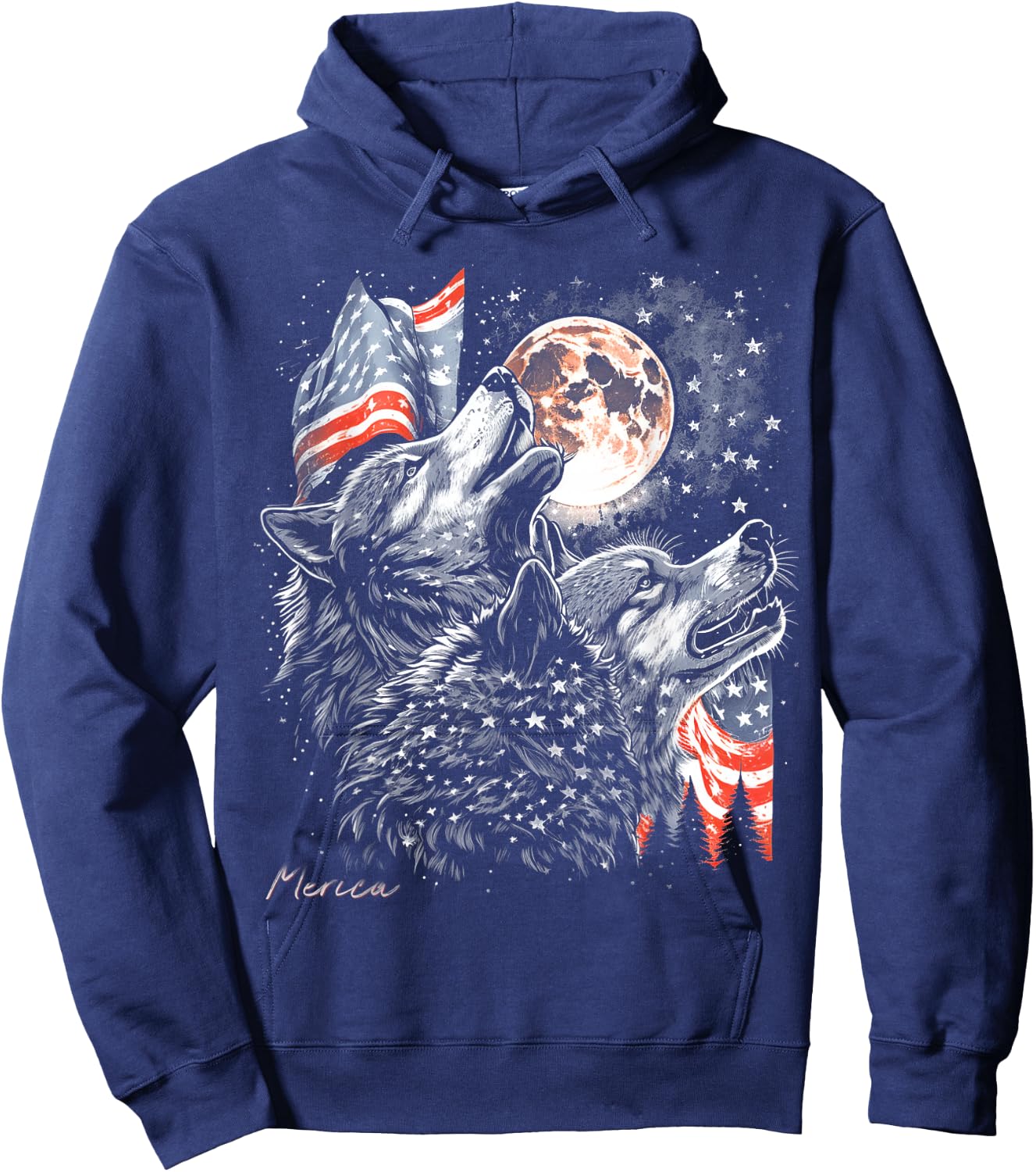 Wolf 4th of July American Flag Howling America Moon Funny Hoodie - Hoodie | Navy