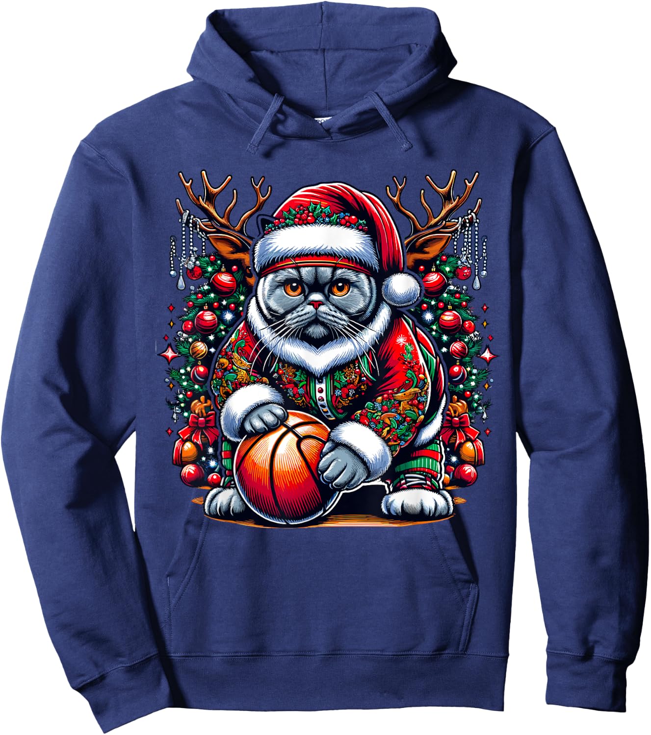 Funny Santa British Shorthair Cat Play Basketball Christmas Hoodie - Hoodie | Navy