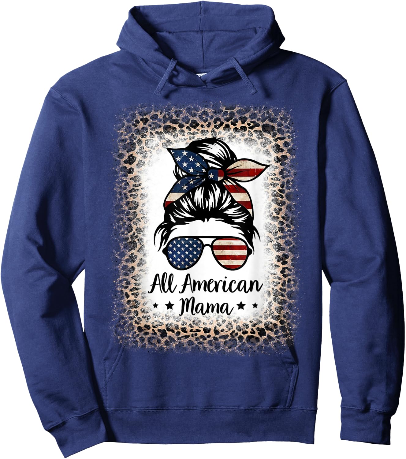 All American Mama Messy Bun Bleached Leopard 4th of July Kids Men Hoodie - Hoodie | Navy