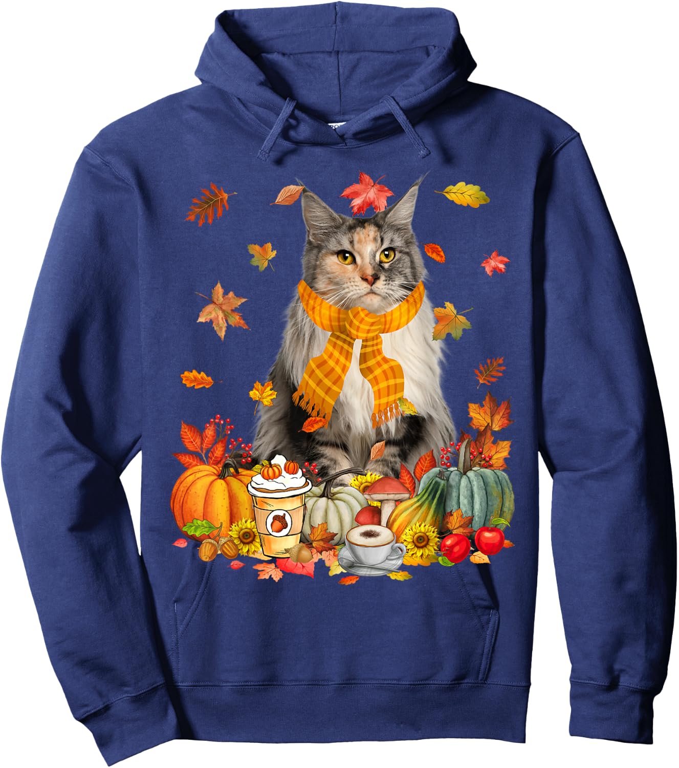 Cup Of Coffe Maine Coon Cat Pumpkins Fall Vibes Thanksgiving Hoodie - Hoodie | Navy