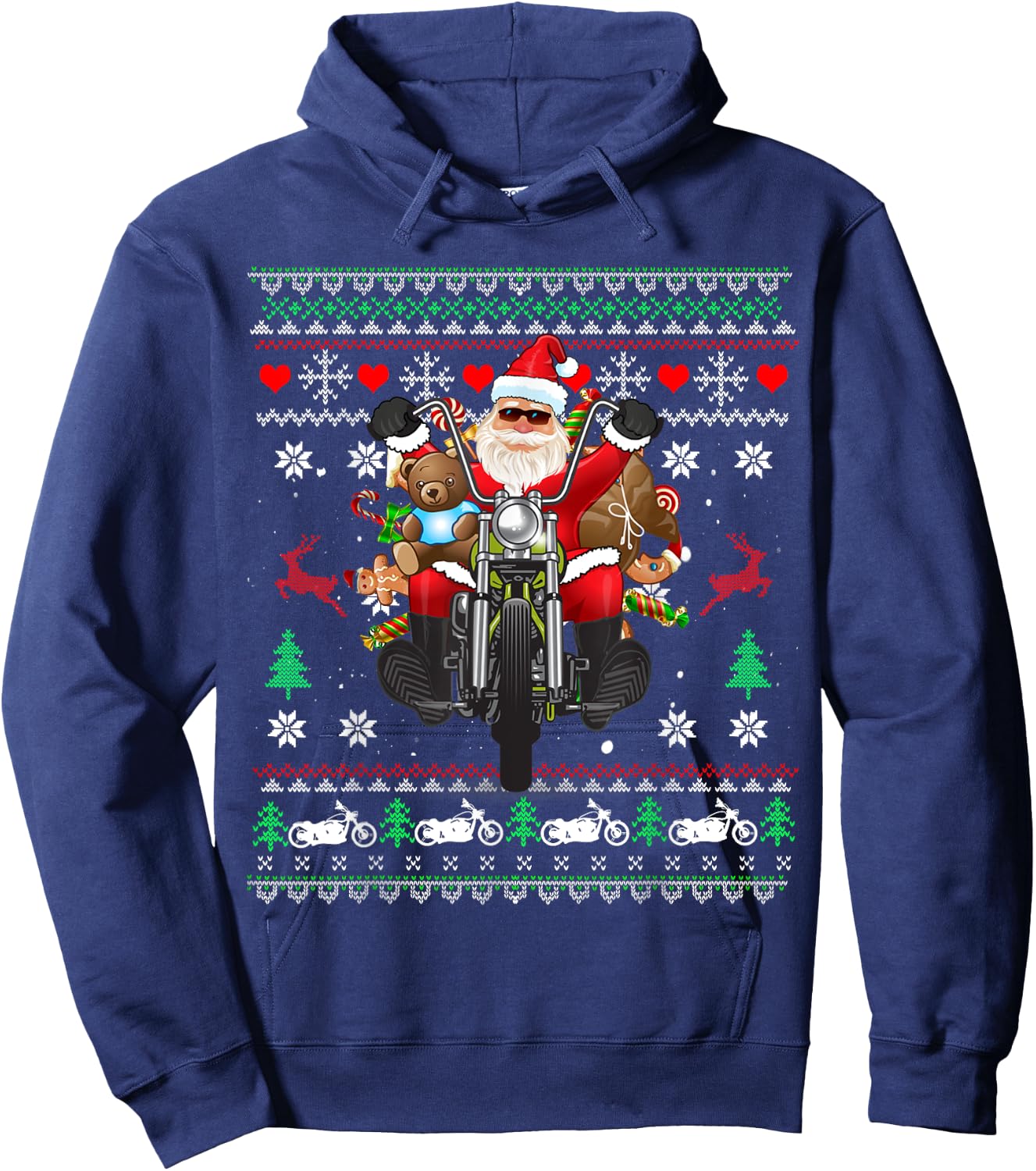 Santa On Motorcycle, Merry Christmas, Men, Biker, Rider Ugly Hoodie - Hoodie | Navy