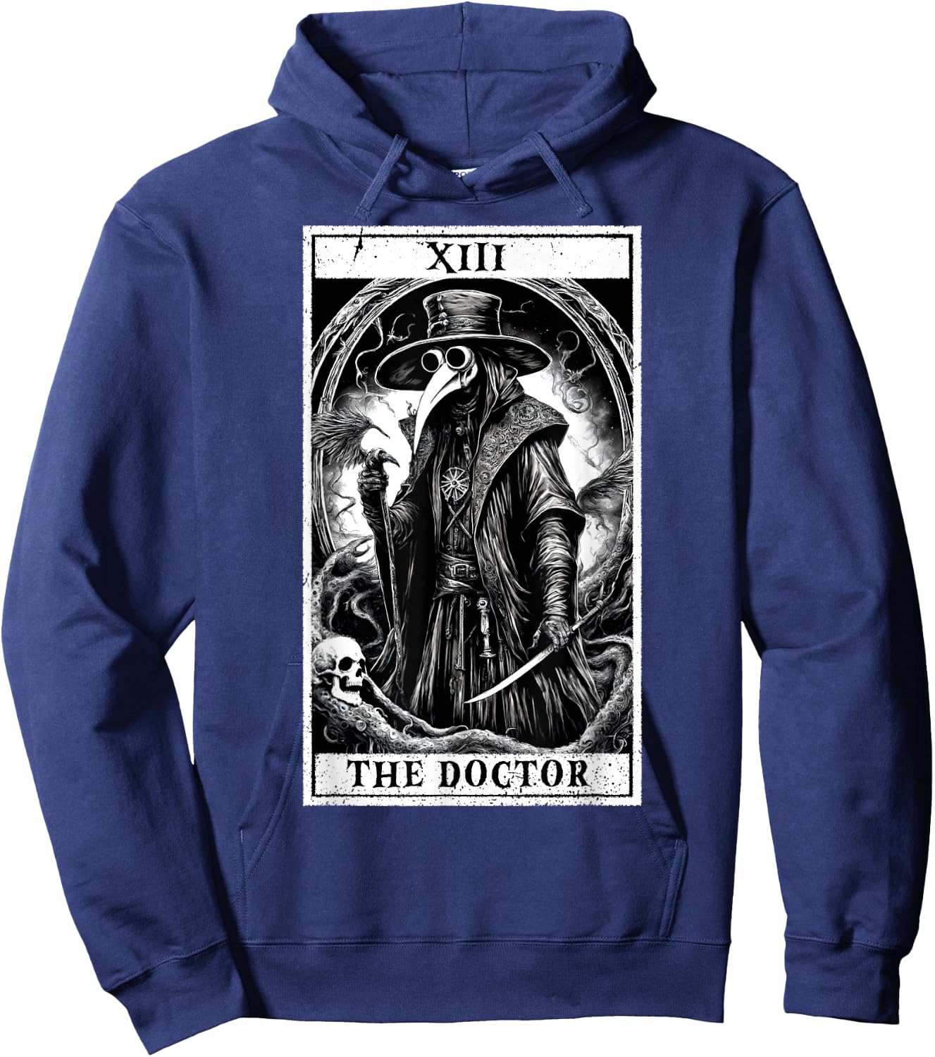 Tarot Card Plague Medical Doctor Magic Occult White on Black Hoodie - Hoodie | Navy