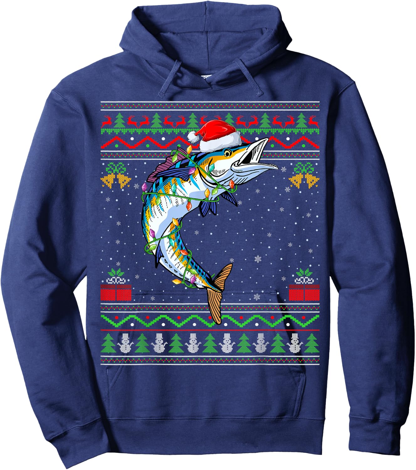 Xmas Lights Ugly Sweater Style Santa Wahoo Fish Christmas Hoodie - Hoodie | Navy