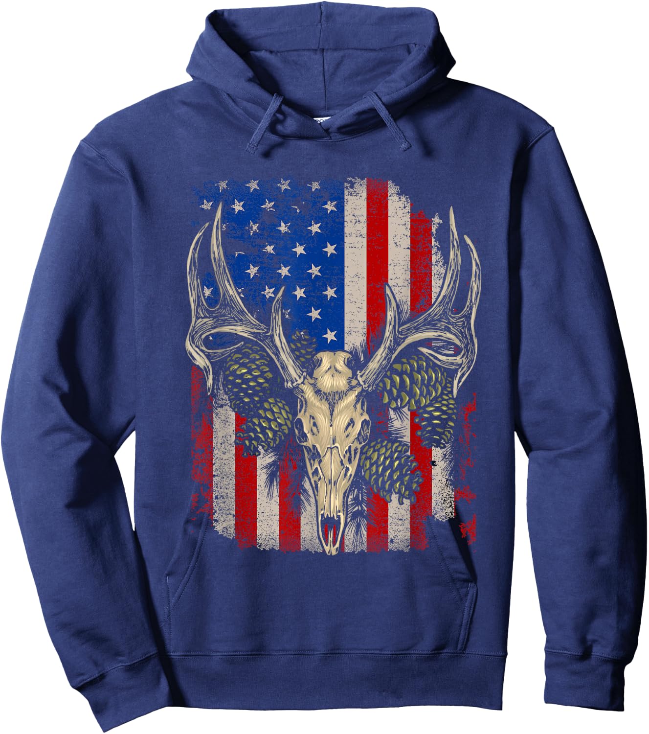 Deer Hunting Skull Whitetail Buck American Flag Vintage Hoodie - Hoodie | Navy