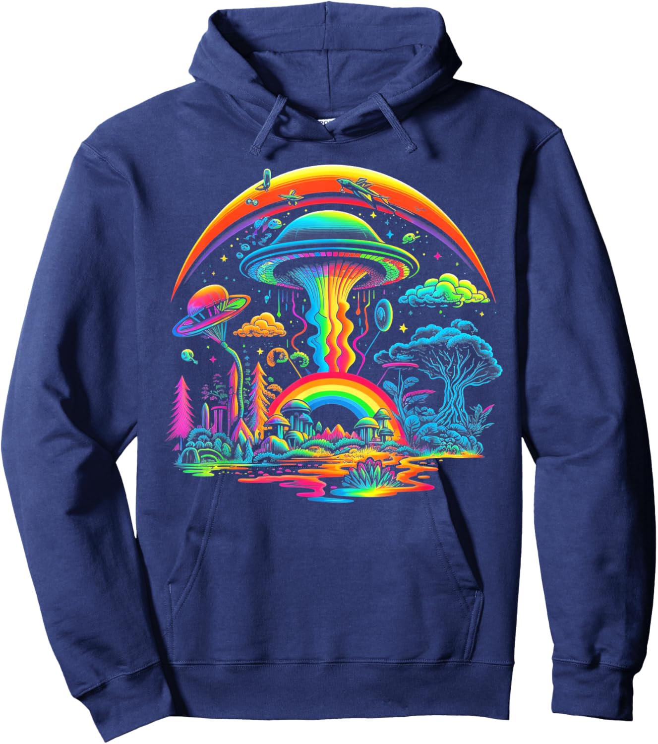 UFO Funny Alien Retro Mushroom Vintage 60s 80s 70s Rainbow Hoodie - Hoodie | Navy