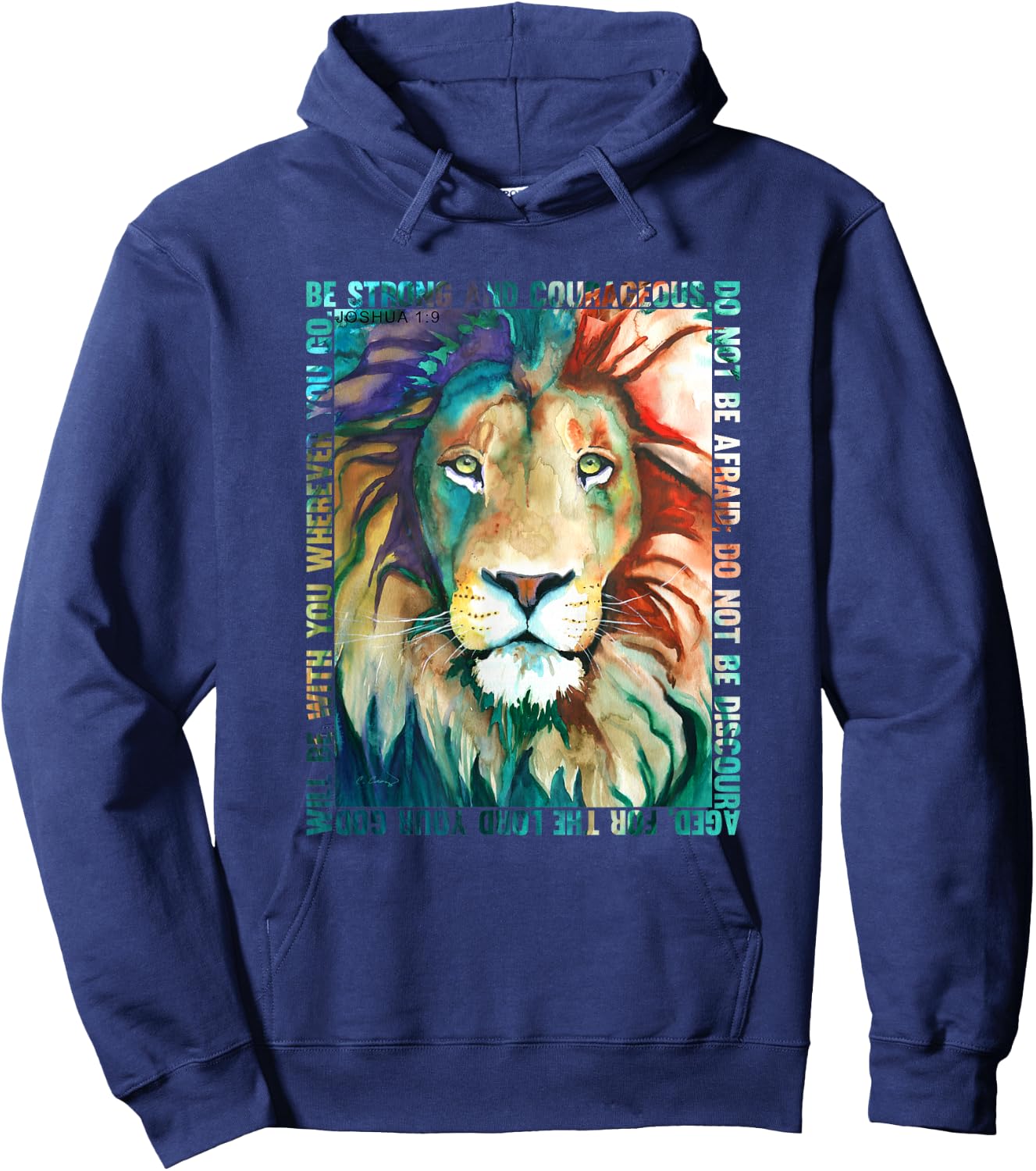 Lion Colorful Face Bible Verse Watercolor by Cheryl Casey Hoodie - Hoodie | Navy