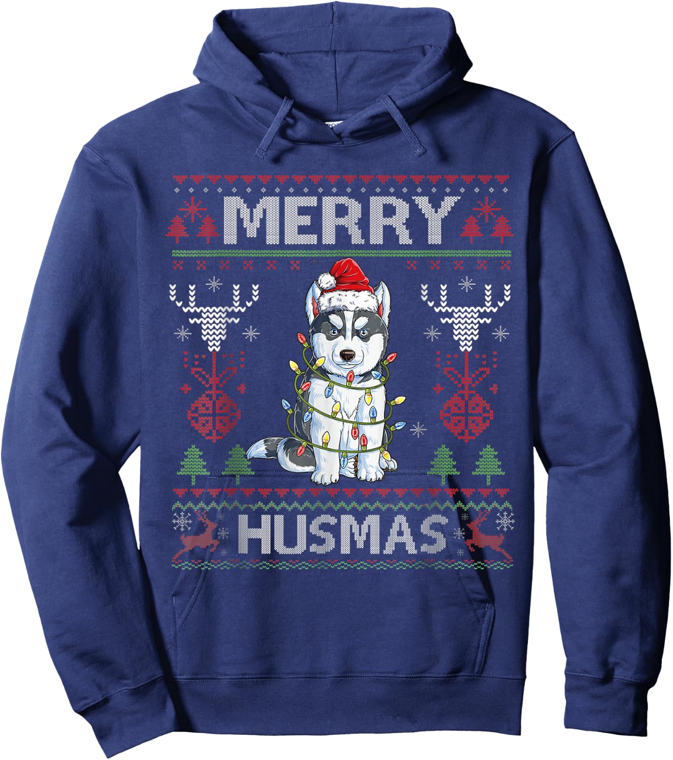 Cute Merry Huskymas Ugly Sweater Husky Christmas Tree Dog Hoodie - Hoodie | Navy