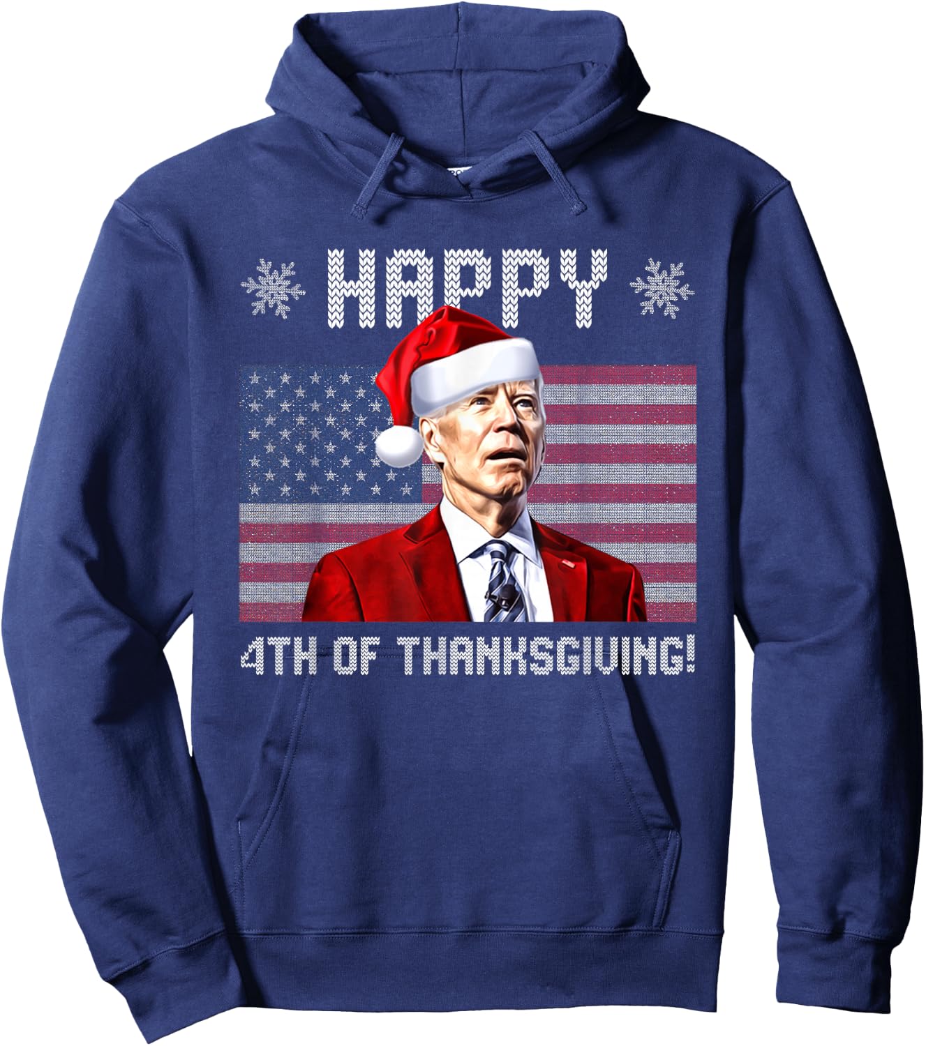 Happy 4th of Thanksgiving Christmas Biden Santa USA Flag Hoodie - Hoodie | Navy