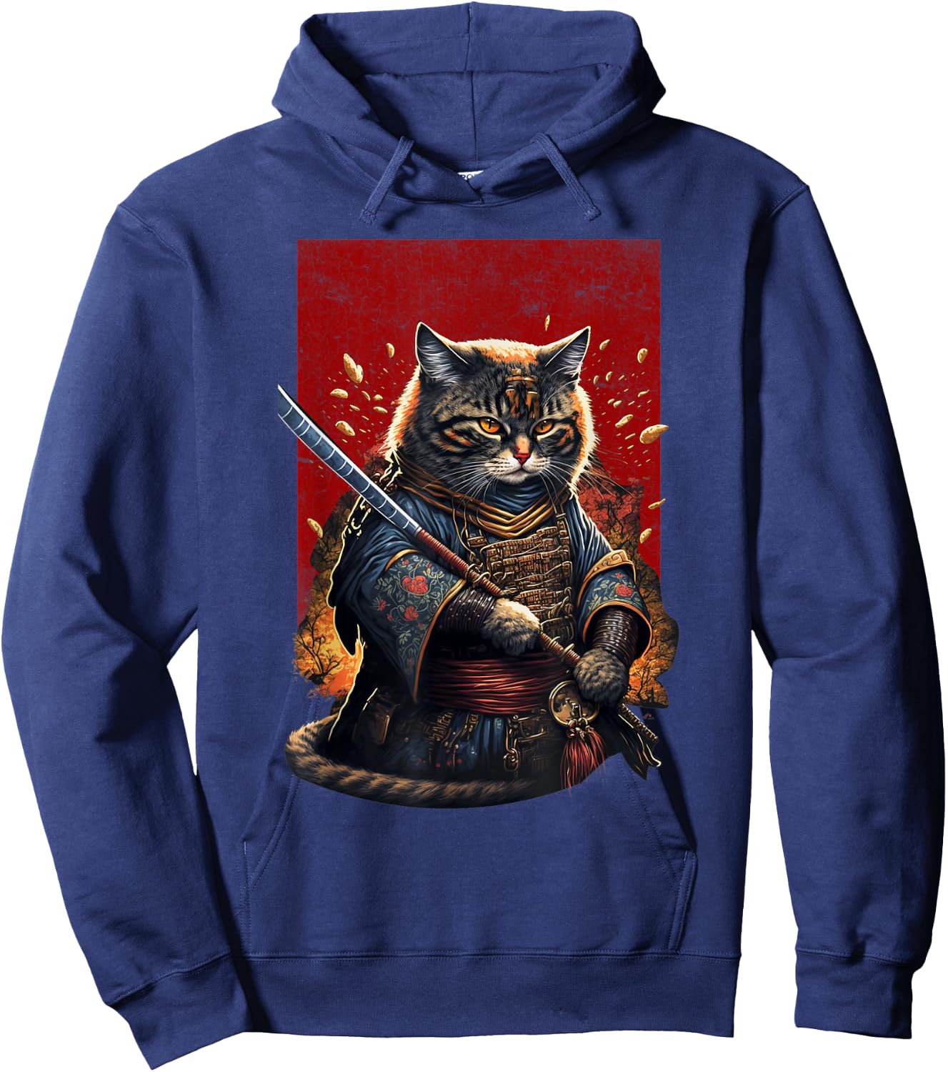 Retro Japanese Samurai Ninja Cat Kawaii Tattoo Graphic Style Men Women Kids Hoodie - Hoodie | Navy