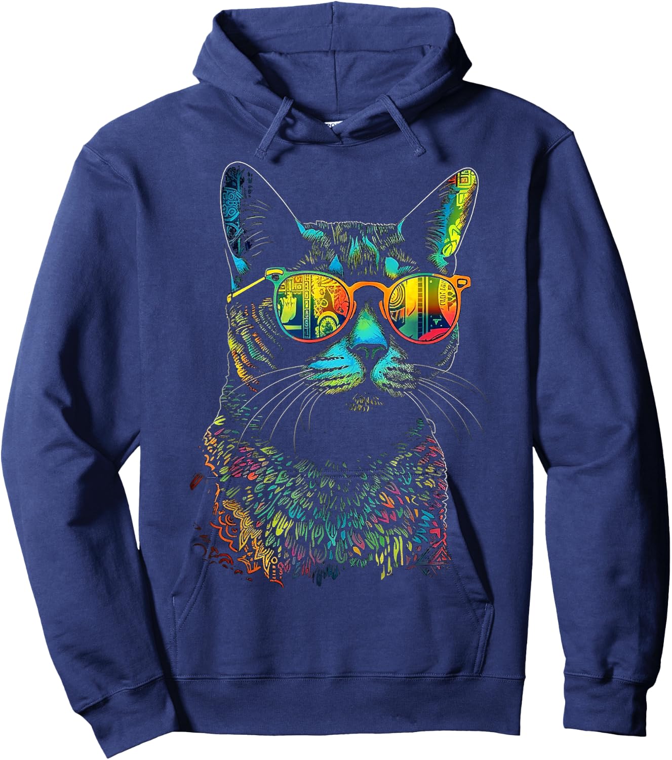 Cat Sunglaess Colorful Artwork | Animal Motif Cat Hoodie - Hoodie | Navy