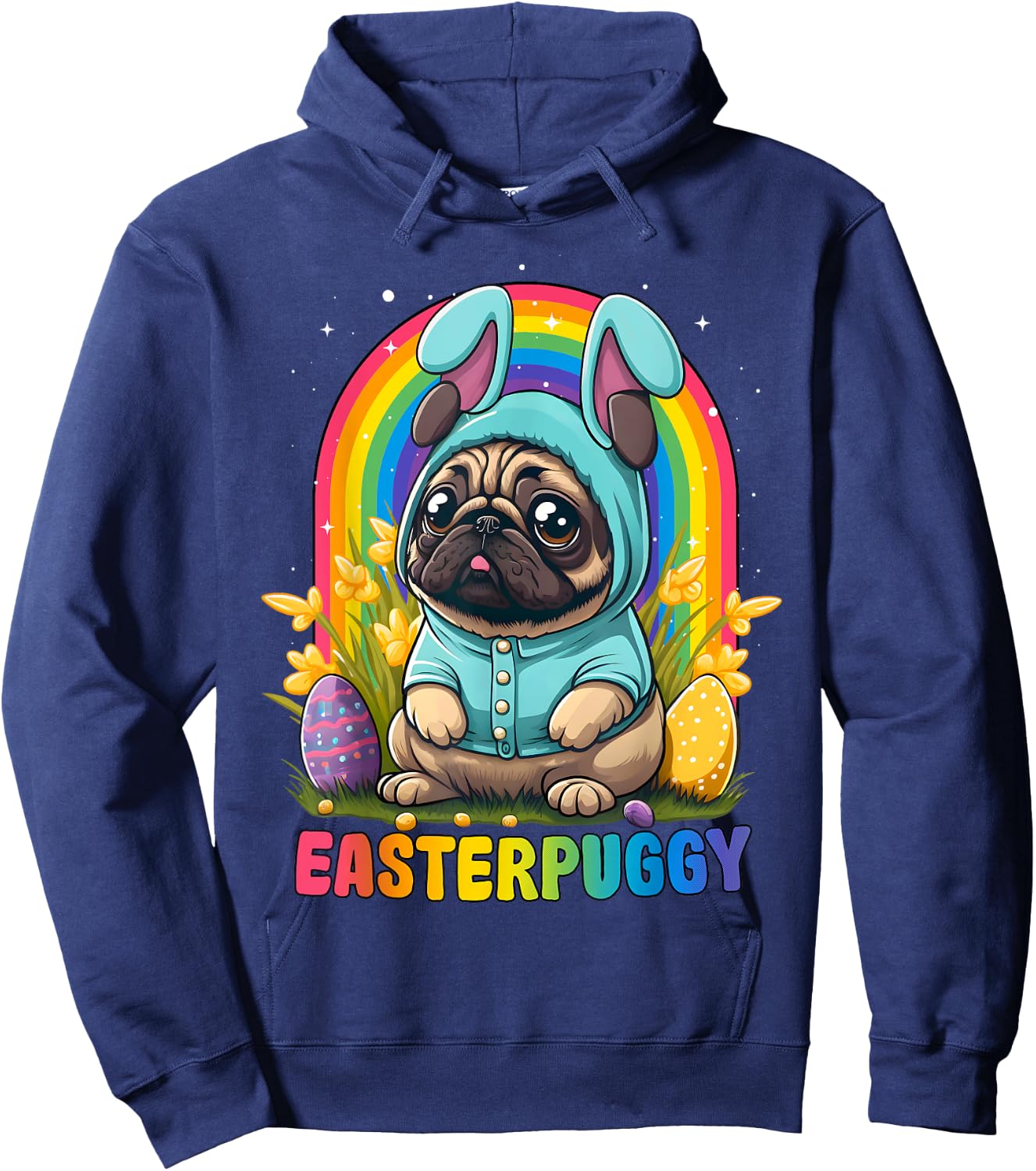 Funny Easter Pug Dog Easterpuggy Cute Pug Lover Rainbow Women Kids Hoodie - Hoodie | Navy
