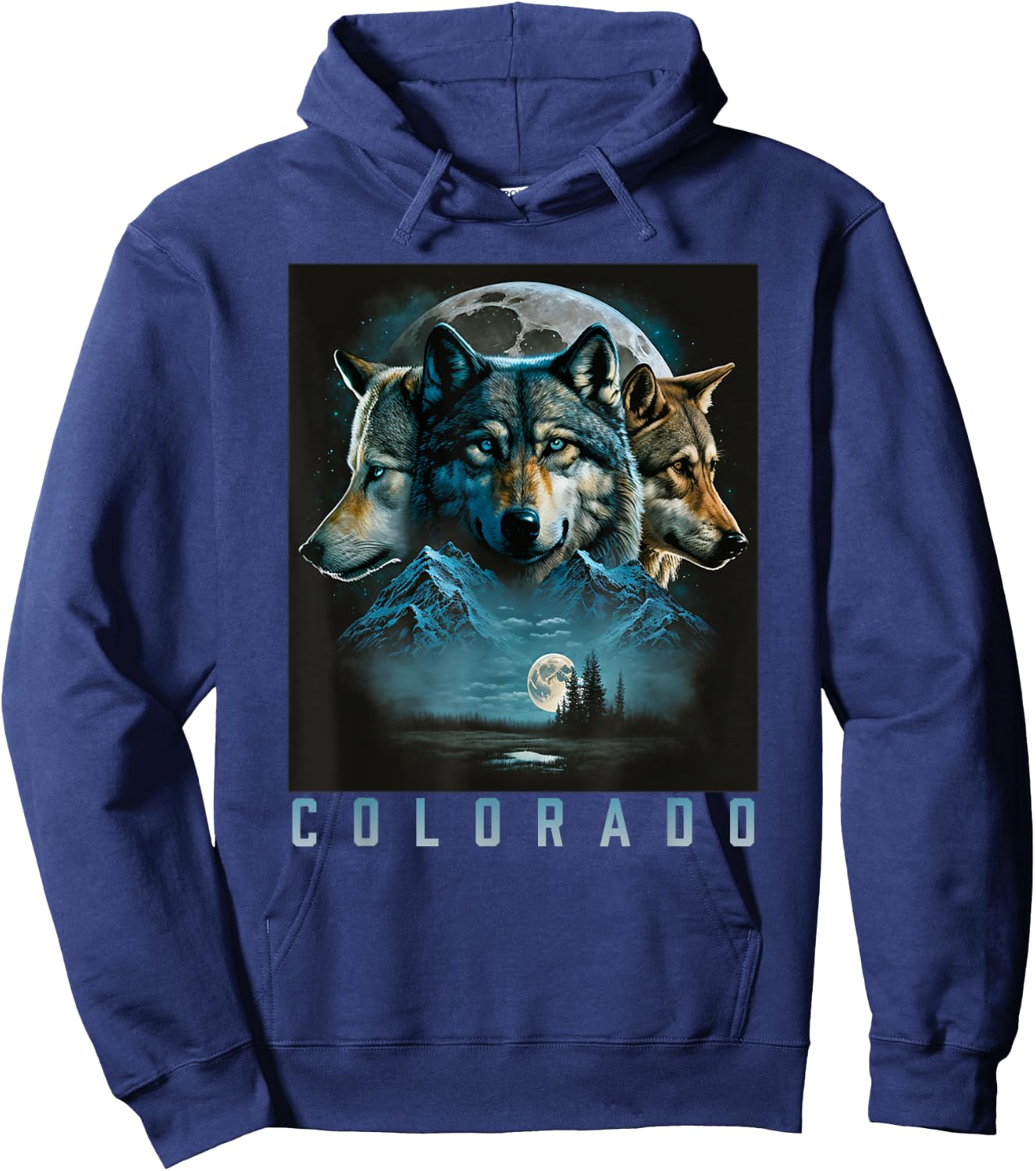 Colorado Mountain Wolf - Three Wolf Moon & Stars Retro Hoodie - Hoodie | Navy