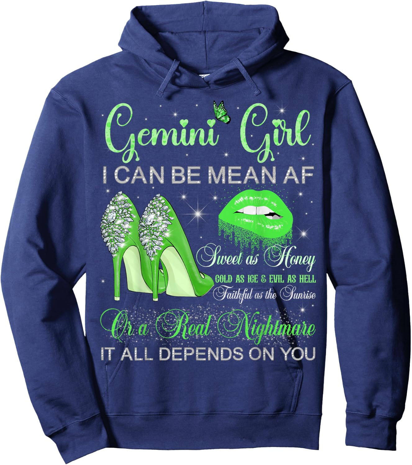 Gemini Girl Birthday High Heels Dripping Lips Butterfly Hoodie - Hoodie | Navy