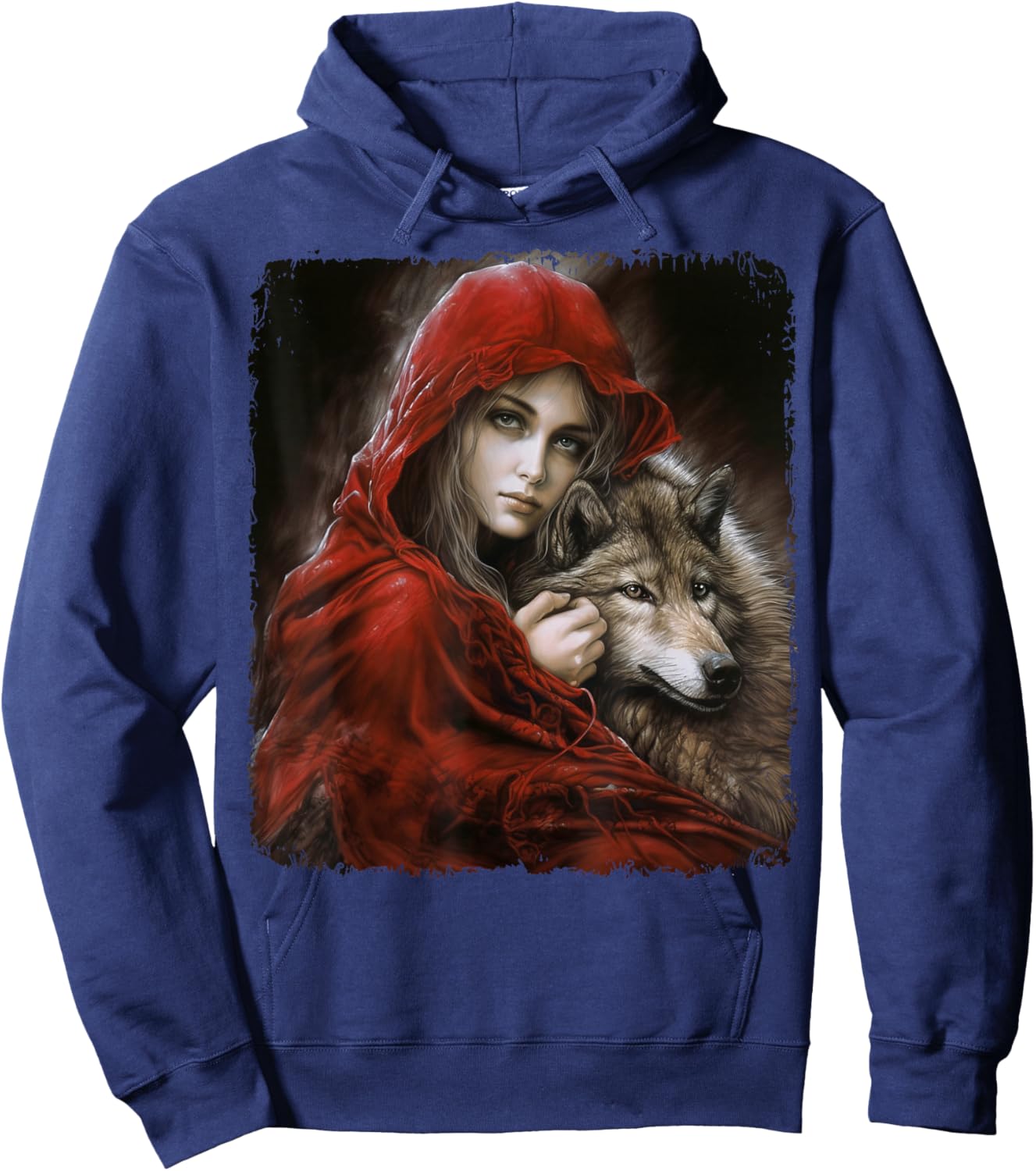 Woman with Hood in red and Gray Wolf Fantasy Art Painting Hoodie - Hoodie | Navy